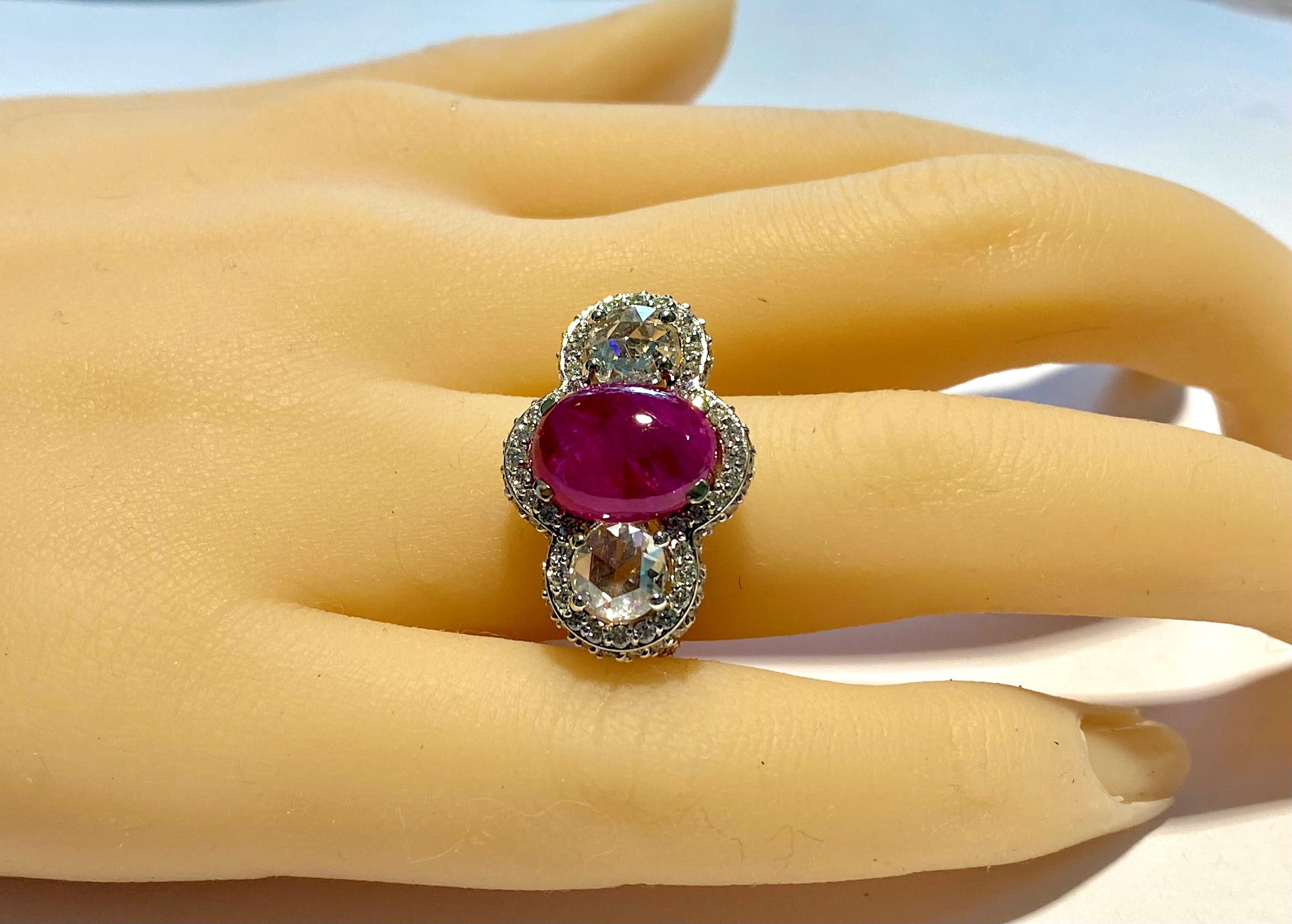 GIA Certified Burma Cabochon Ruby 5.85 Carat Diamond 3.45 Carat 18 Karat Ring For Sale 2