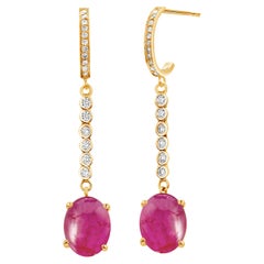 Burma Cabochon Ruby and Diamond Drop Yellow Gold Hoop Earrings