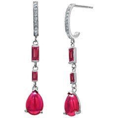 Burma Cabochon Ruby and Diamond Gold Hoop Drop Earrings