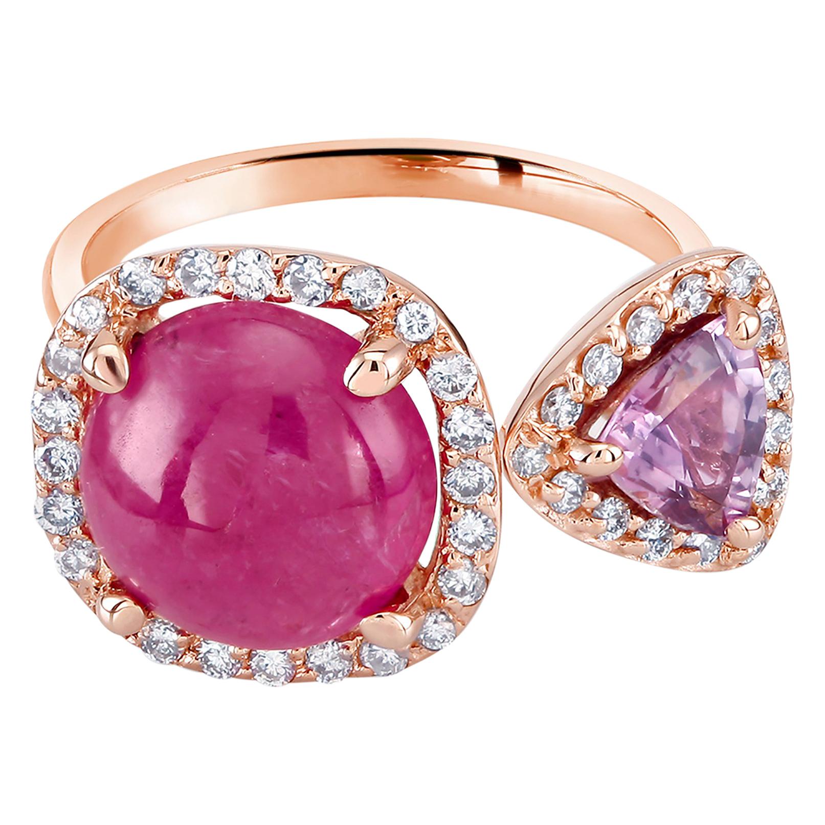 Burma Cabochon Ruby Diamond Pink Sapphire Open Shank Ring  Weighing 5.92 Carats