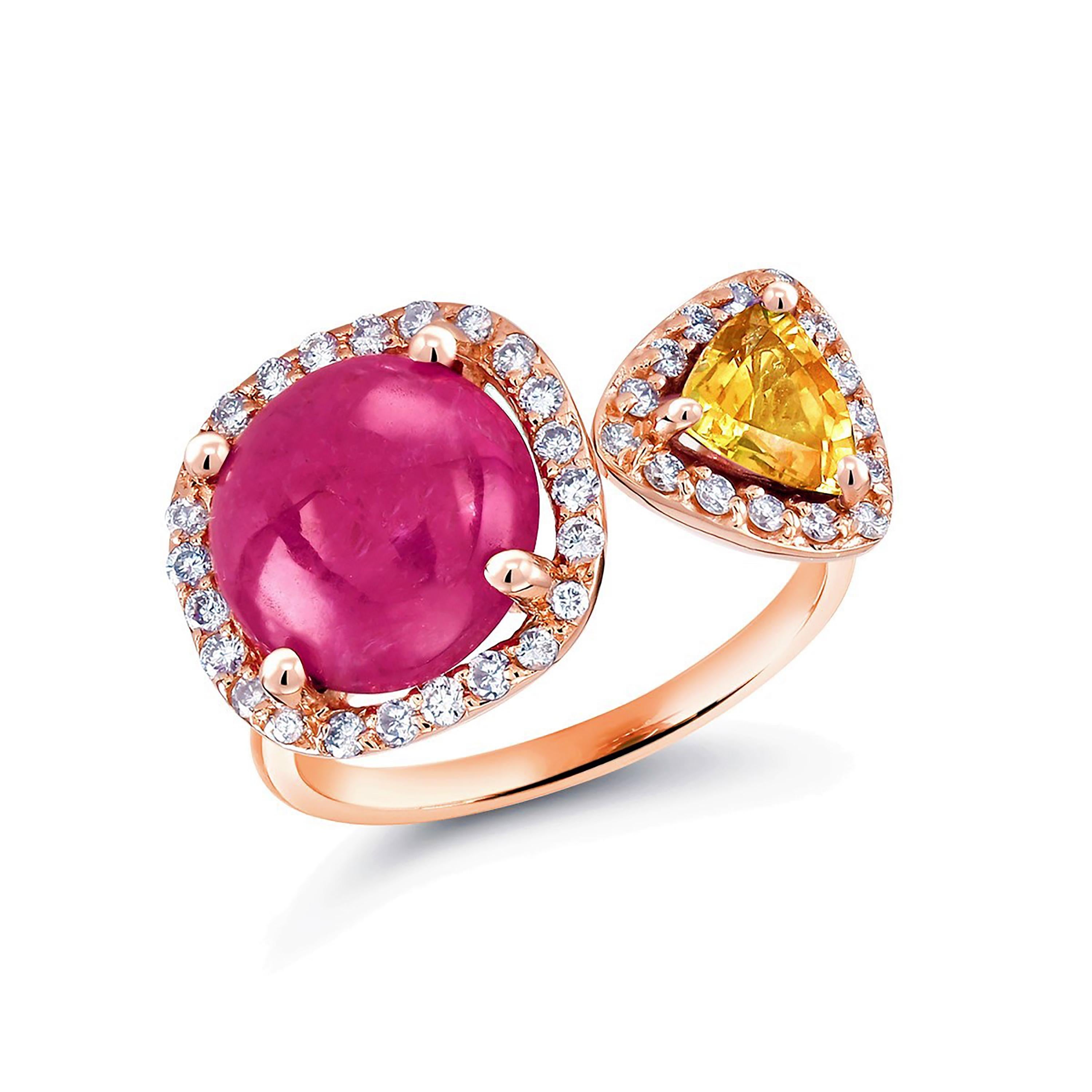 Contemporary Burma Cabochon Ruby Diamond Yellow Sapphire Open Shank Cocktail Ring