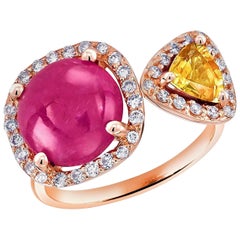 ruby and yellow sapphire ring Burma Cabochon Ruby Diamond Yellow Sapphire Open Shank Cocktail Ring