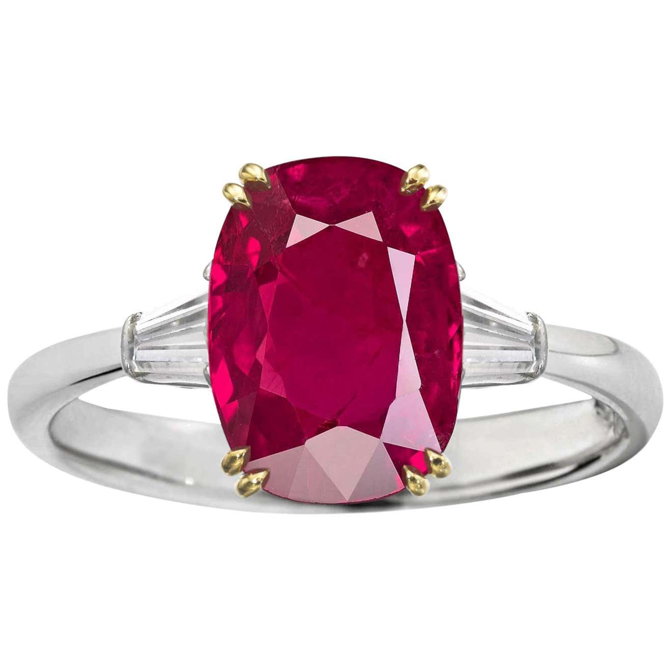 Burma Deep Red No Heat Cushion Cut 4 Carat Ruby Diamond Ring For Sale ...