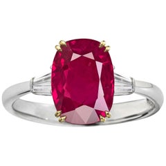 Burma Deep Red No Heat Cushion Cut 4 Carat Ruby Diamond Ring