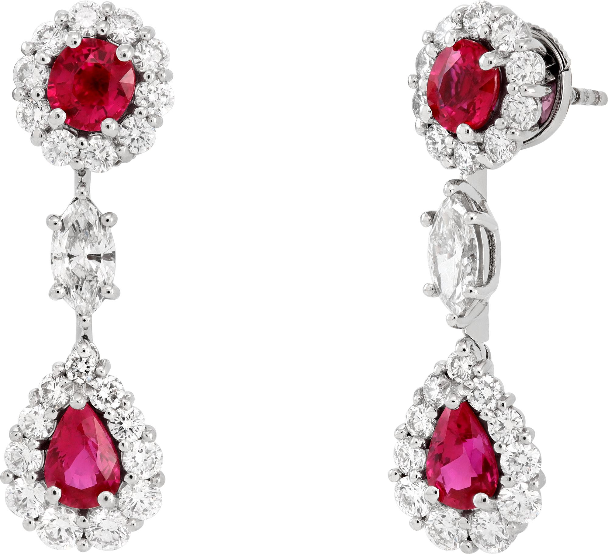 GIA Certified Burma Ruby and Diamond earrings in platinum with 2.76 ct. total carat weight in burma rubies (2 pear cuts and 2 cushion cuts) and 2.60 carats in round diamonds and 0.71 carats in marquise cut diamonds both averaging VS clarity and G-H