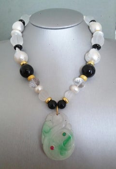 Burma Jade Pendant Baroque Pearls Quartz Black Onyx Ruby Emerald Gold Necklaces