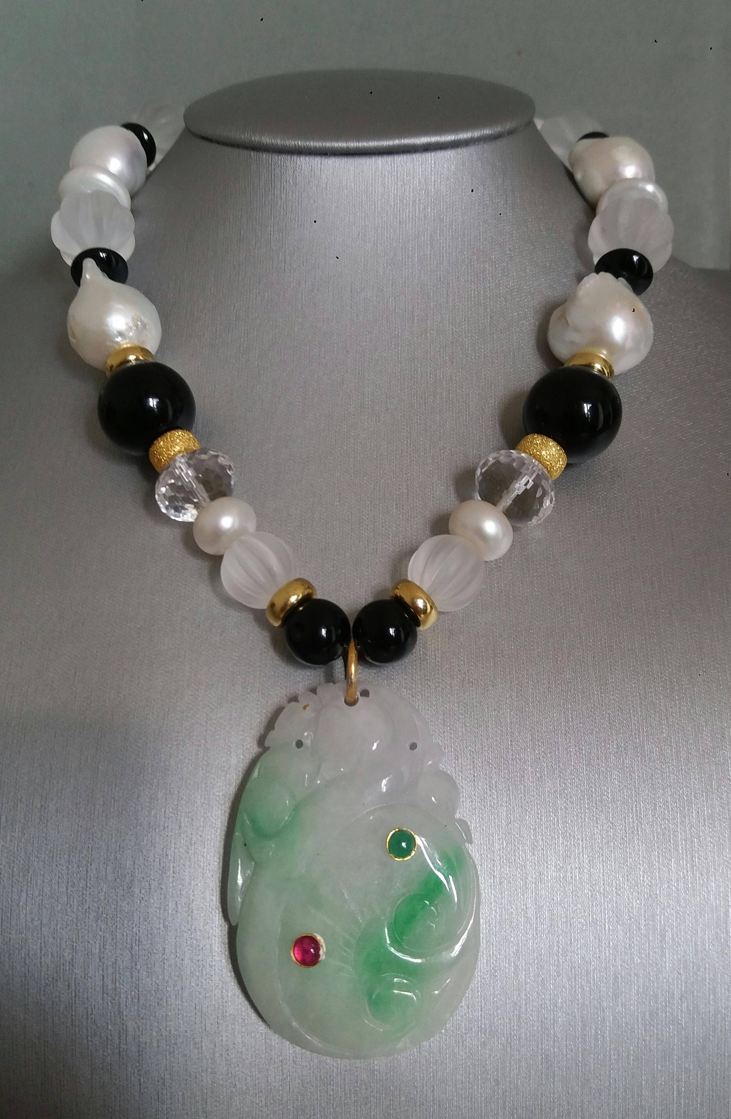 Mixed Cut Burma Jade Pendant Baroque Pearls Quartz Black Onyx Ruby Emerald Gold Necklaces For Sale