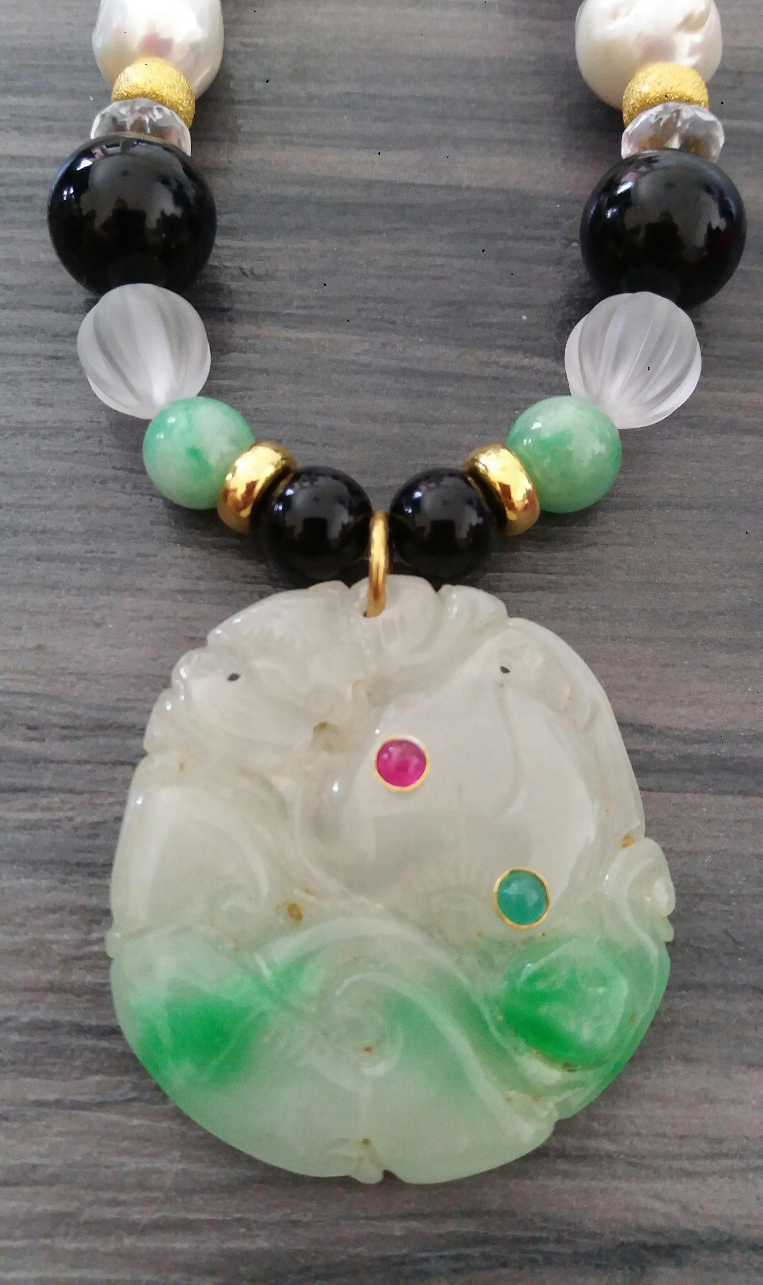 Burma Jade Pendant Baroque Pearls Quartz Black Onyx Ruby Emerald Gold Necklaces For Sale 1
