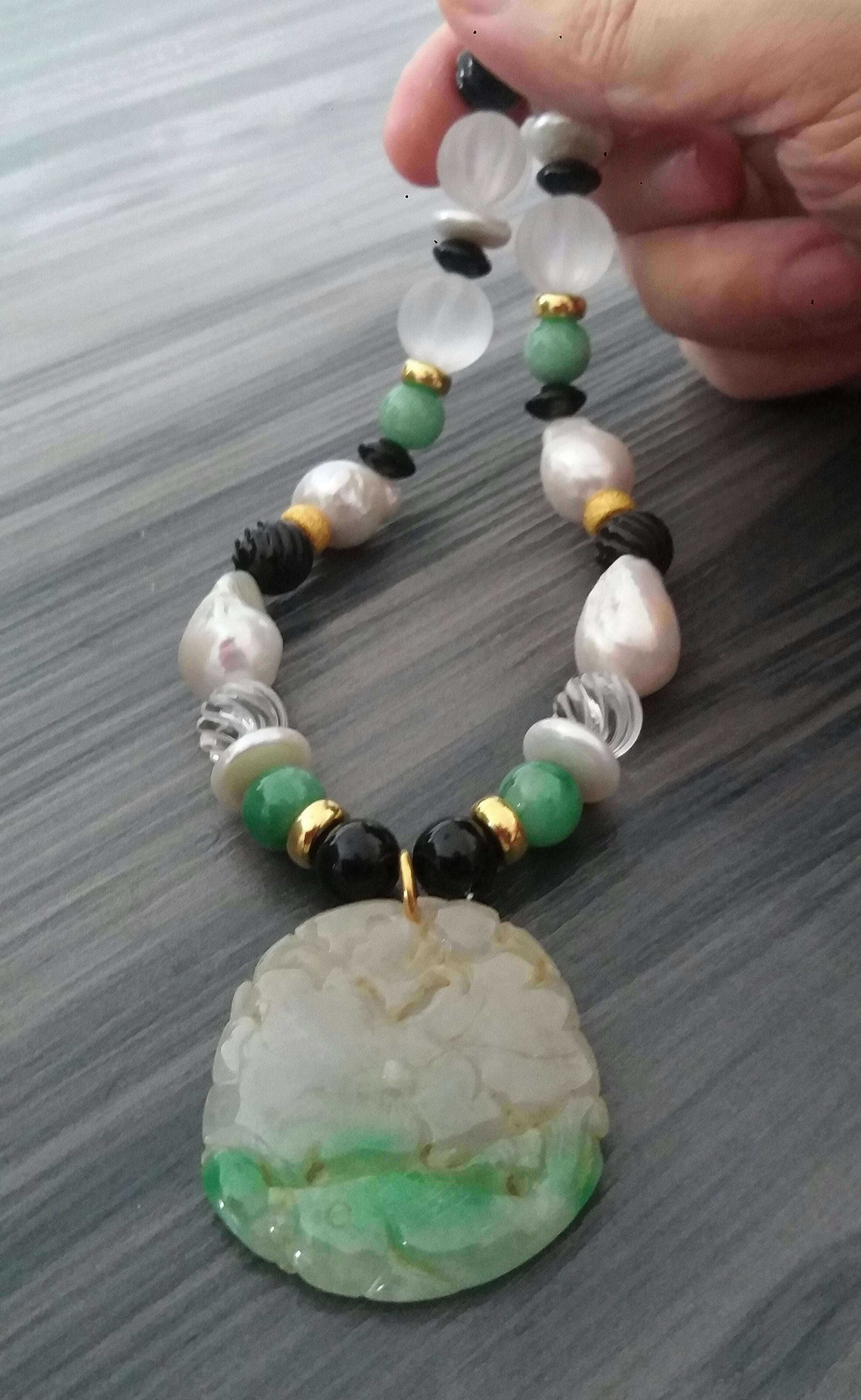Burma Jade Pendant Baroque Pearls Rock Crystal Black Onyx Yellow Gold Necklaces For Sale 3