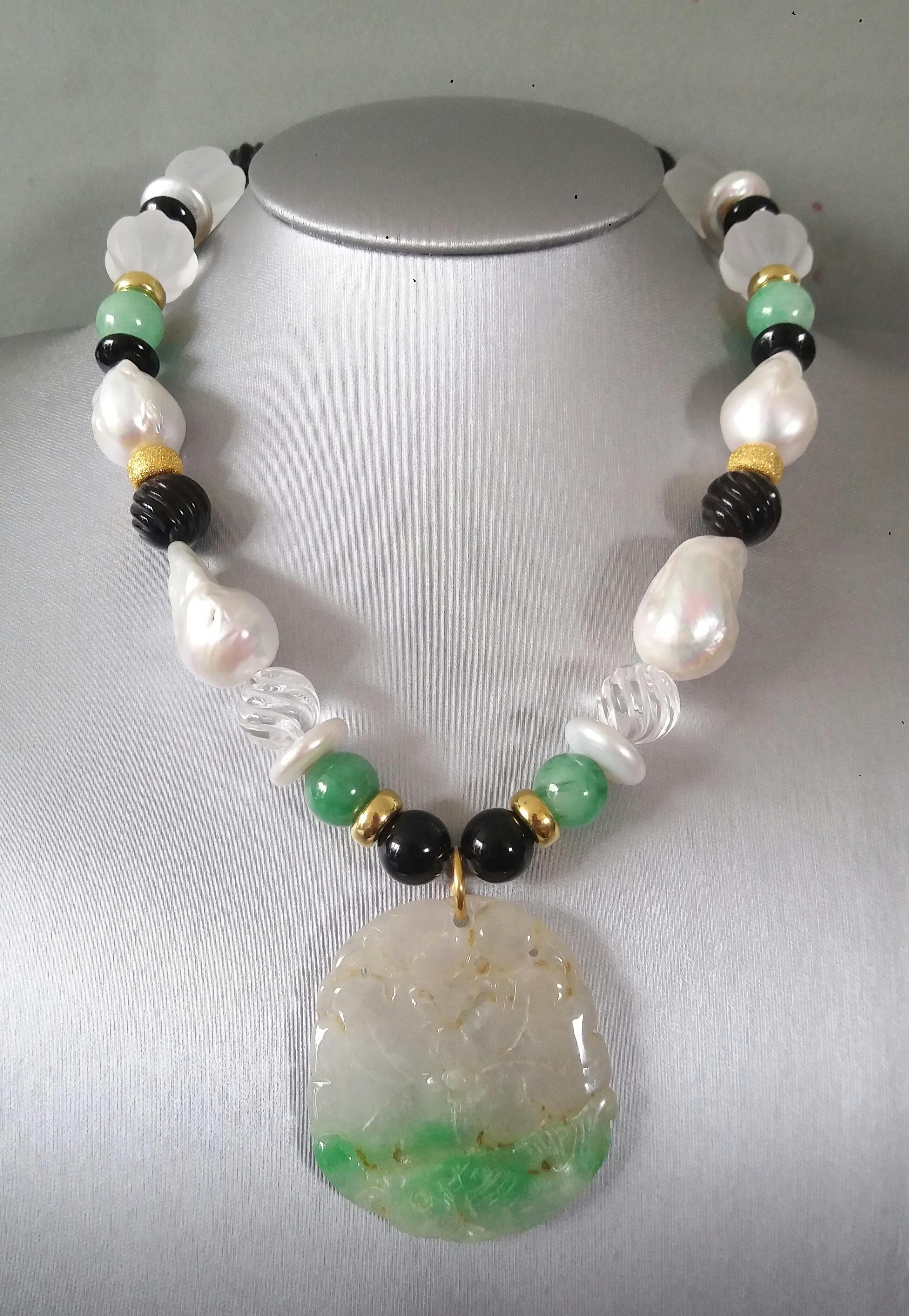 Art Deco Burma Jade Pendant Baroque Pearls Rock Crystal Black Onyx Yellow Gold Necklaces For Sale