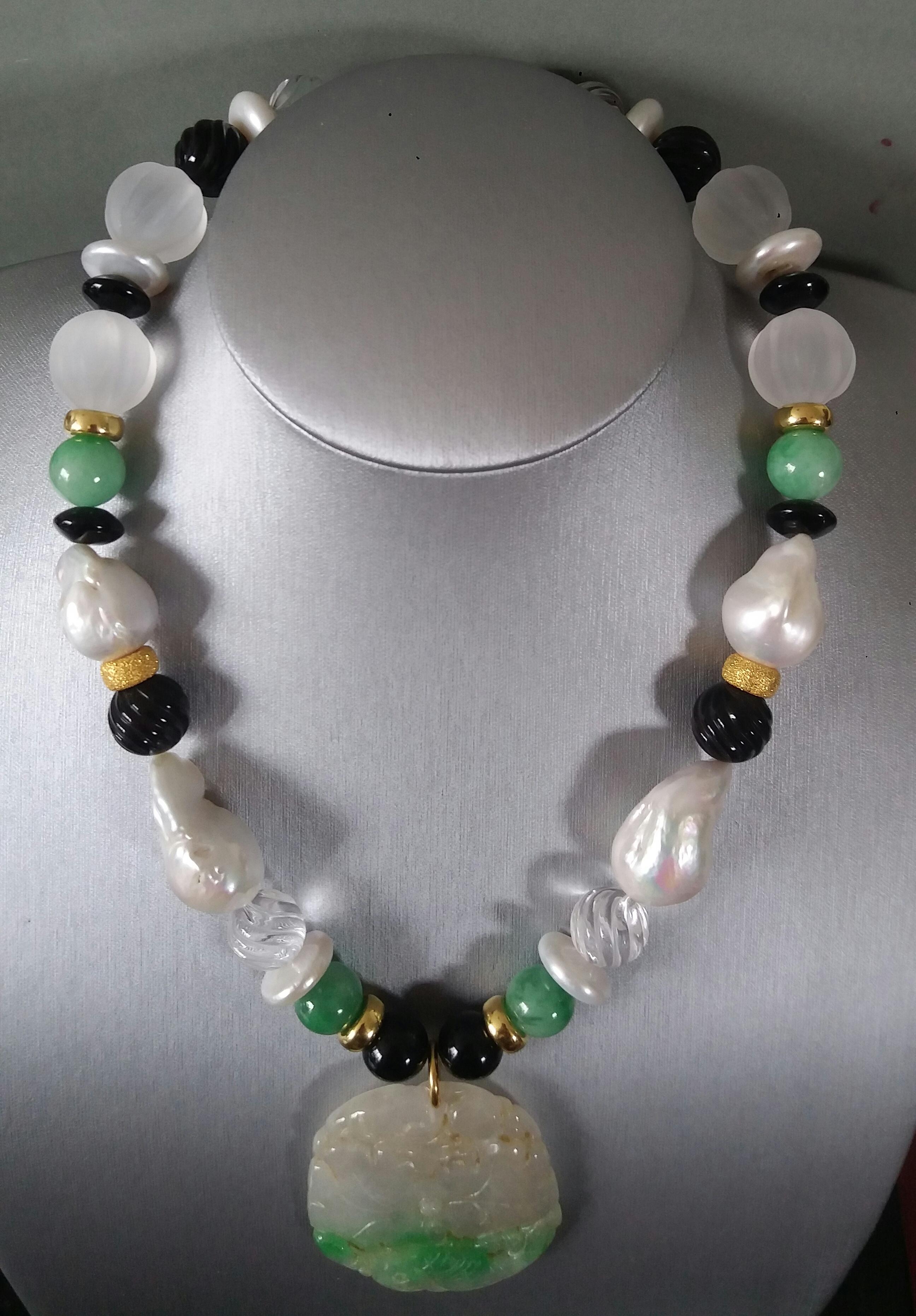 Mixed Cut Burma Jade Pendant Baroque Pearls Rock Crystal Black Onyx Yellow Gold Necklaces For Sale