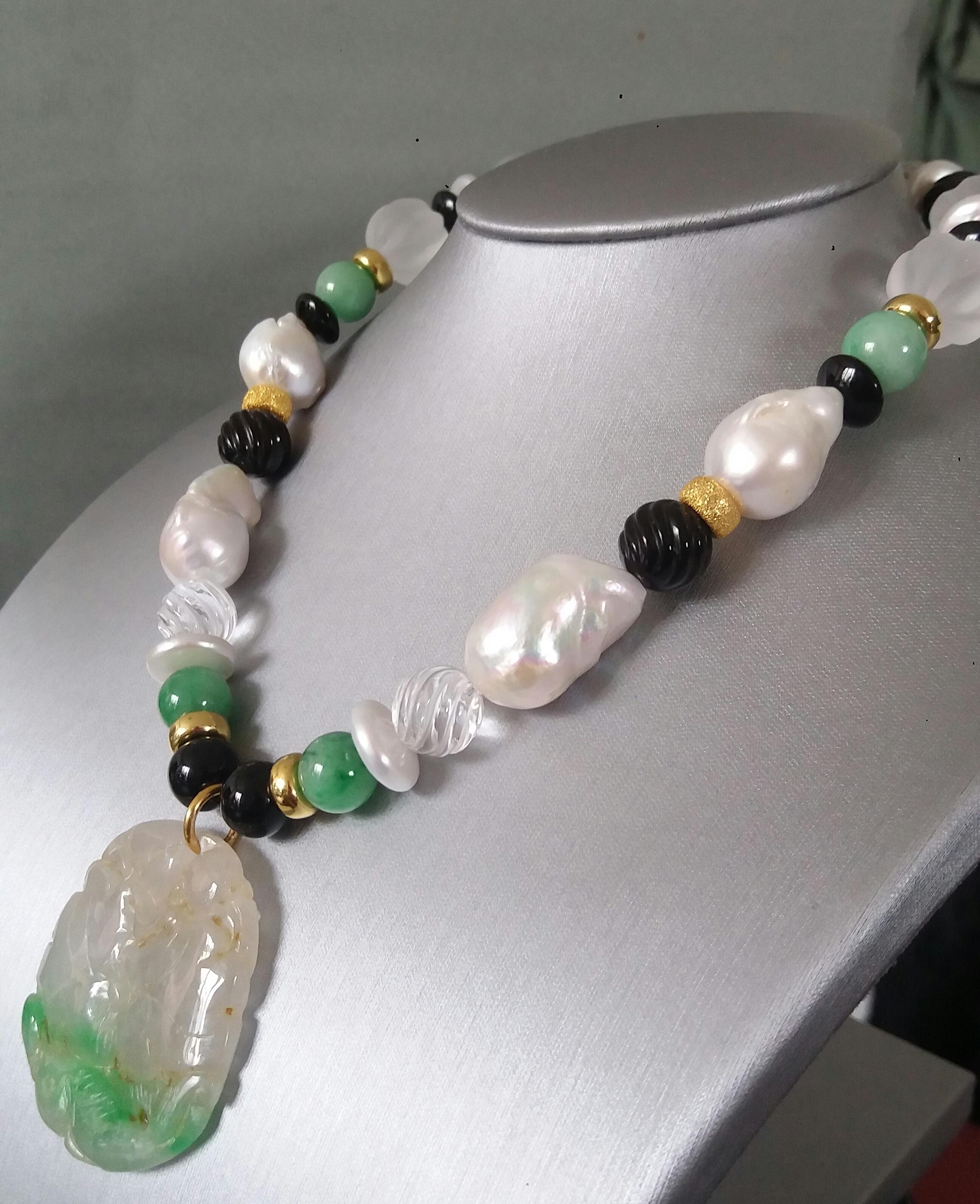 Women's Burma Jade Pendant Baroque Pearls Rock Crystal Black Onyx Yellow Gold Necklaces For Sale