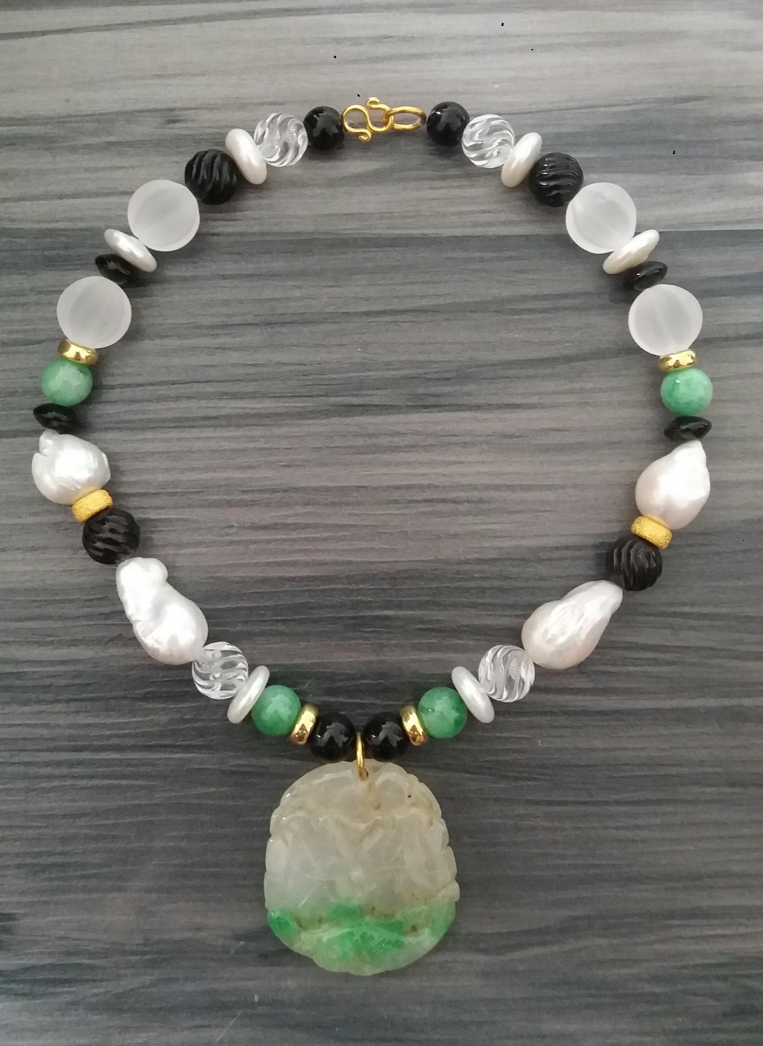 Burma Jade Pendant Baroque Pearls Rock Crystal Black Onyx Yellow Gold Necklaces For Sale 1