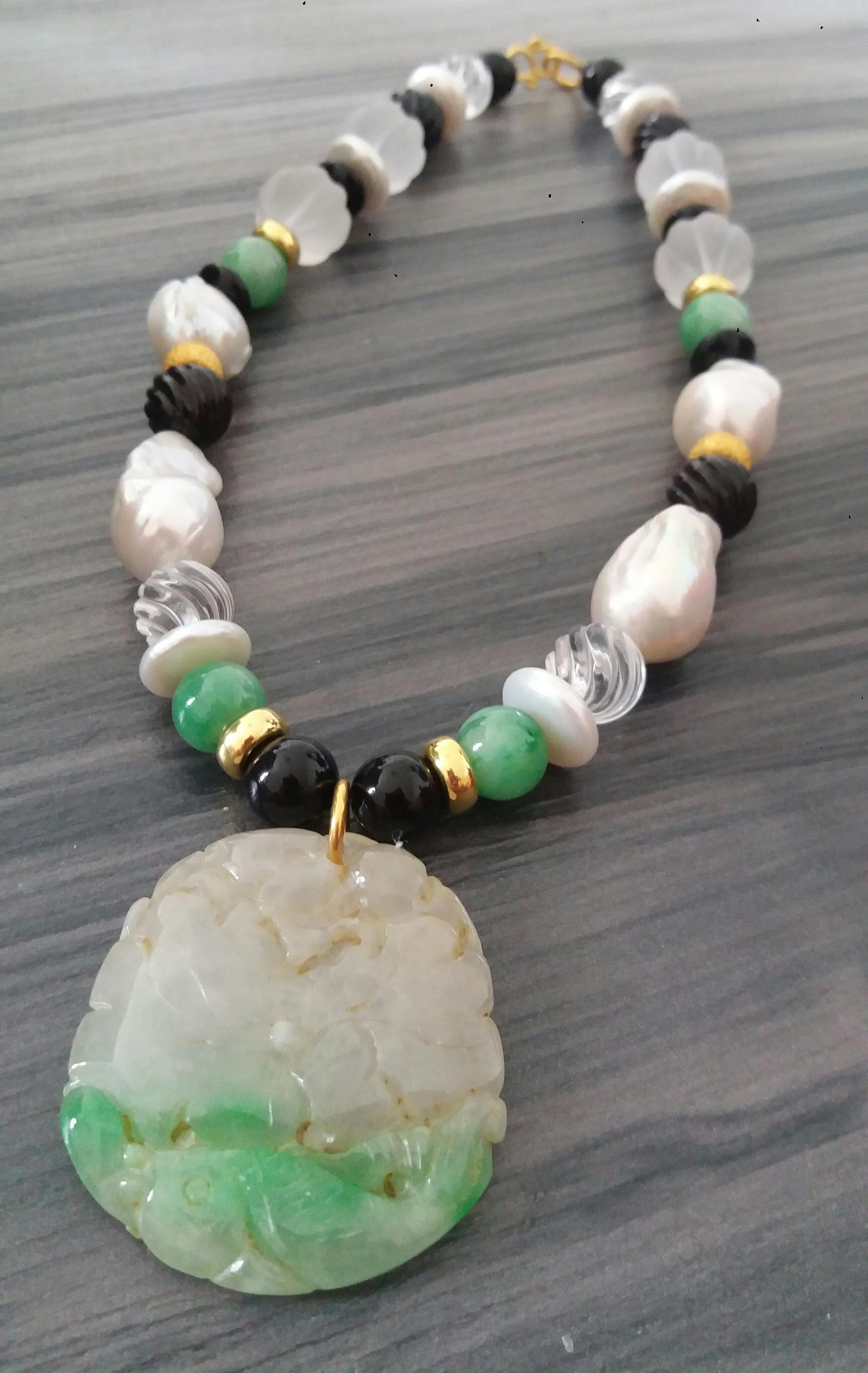 Burma Jade Pendant Baroque Pearls Rock Crystal Black Onyx Yellow Gold Necklaces For Sale 2