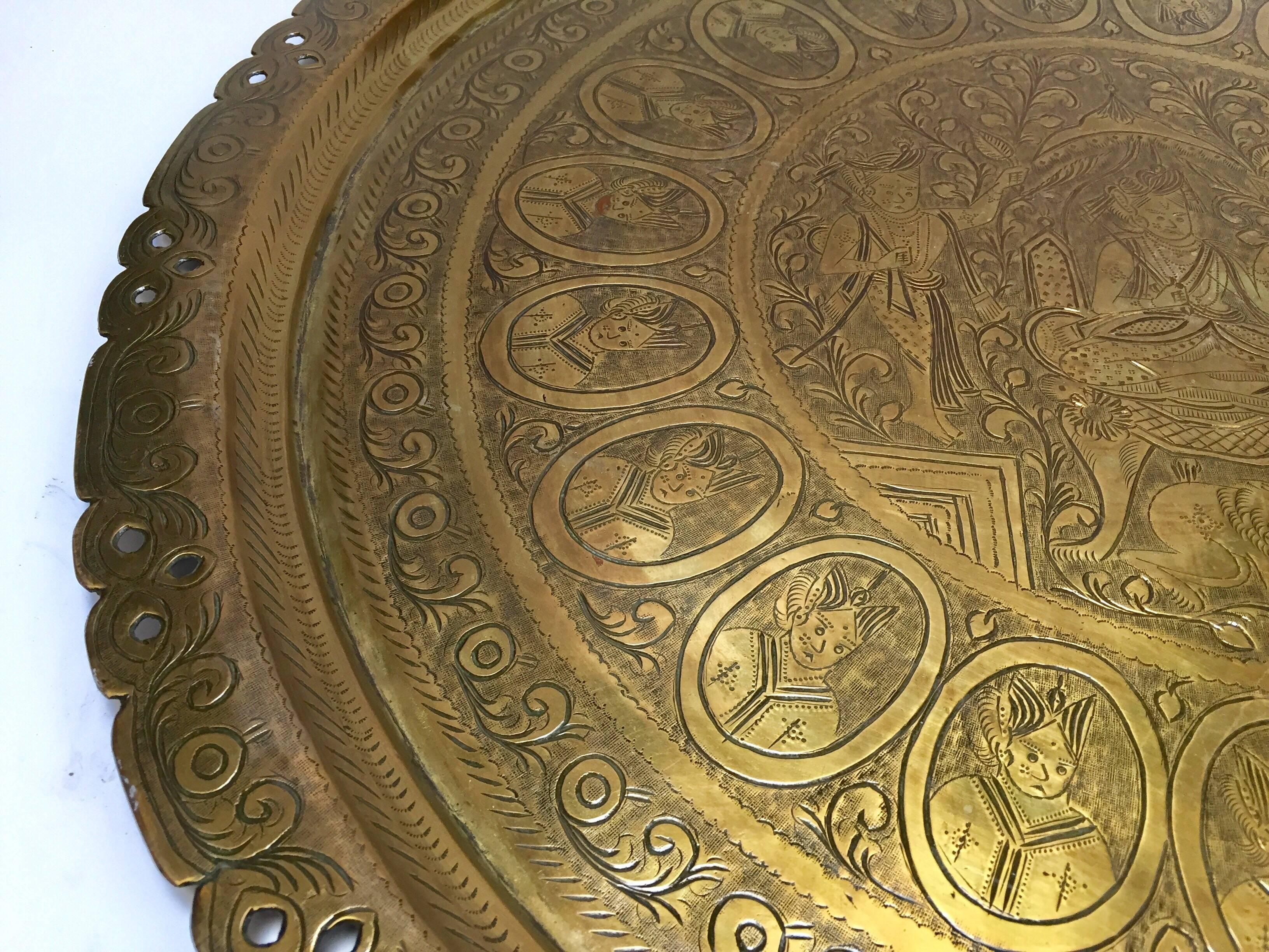 Moorish Burma Large Round Brass Tray with Royal Court Life Scene