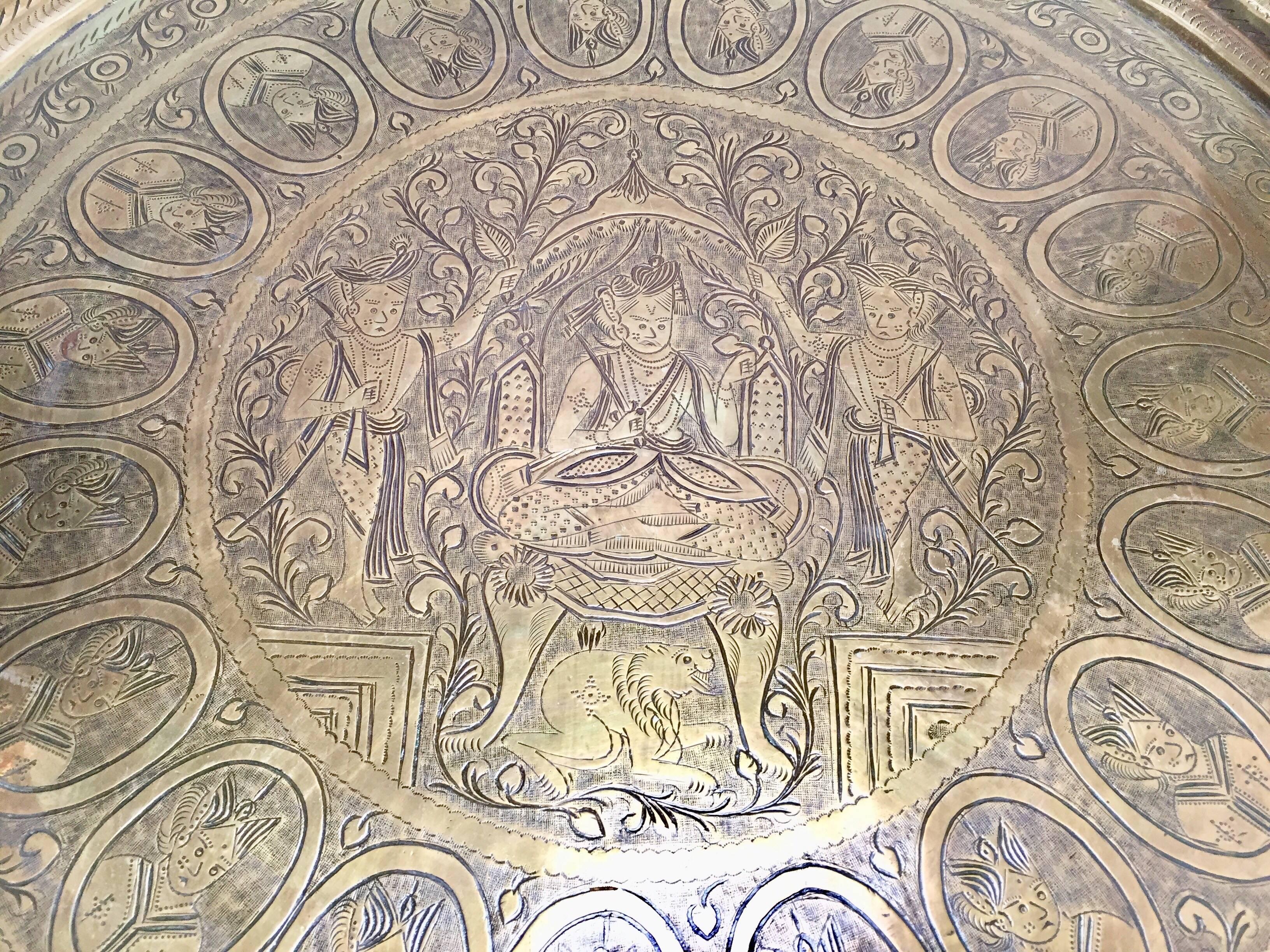Thai Burma Large Round Brass Tray with Royal Court Life Scene