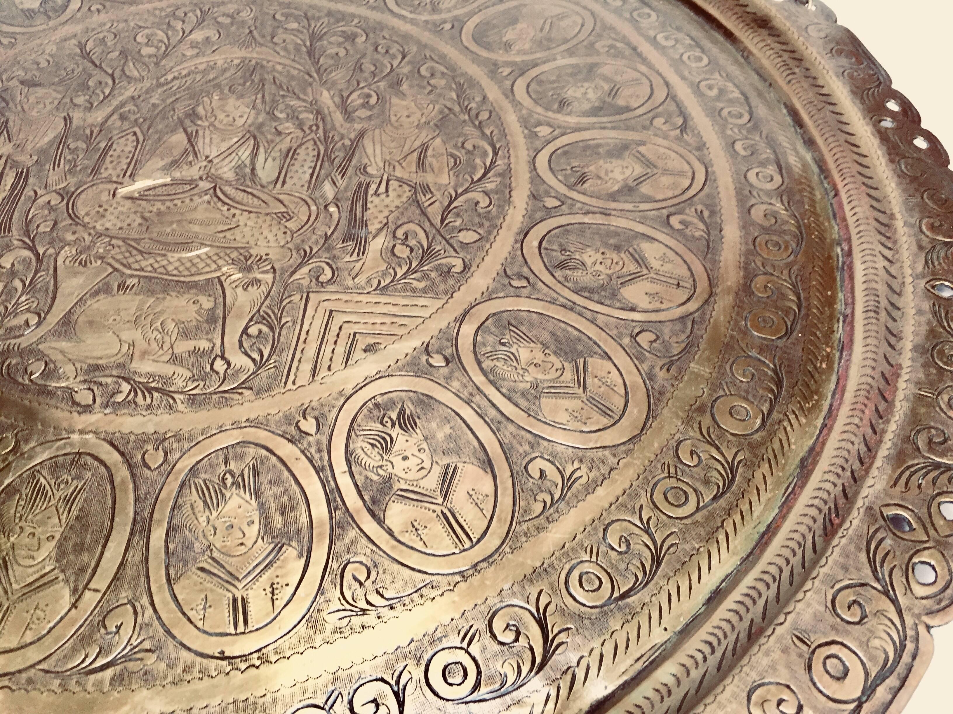 Hand-Carved Burma Large Round Brass Tray with Royal Court Life Scene