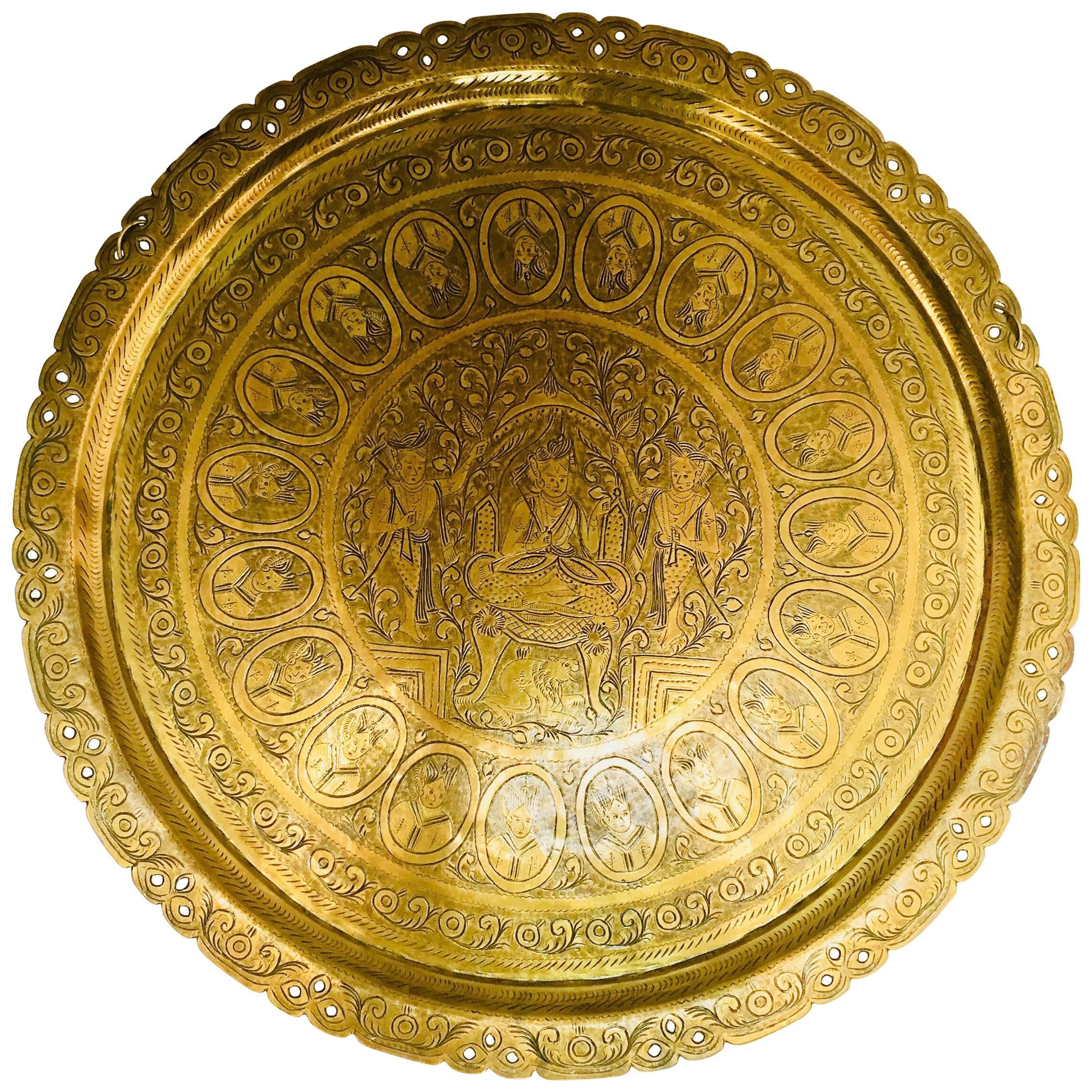 Burma Large Round Brass Tray with Royal Court Life Scene