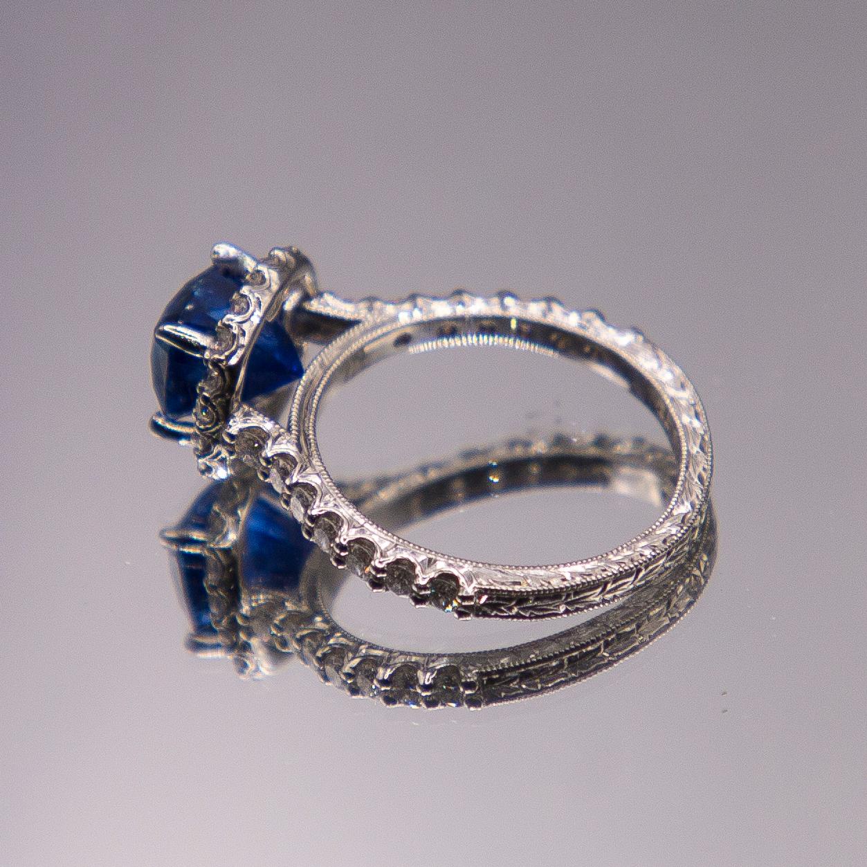 Cushion Cut Burma No Heat 3.32 Carat Intense Blue Sapphire AGL Cert Platinum Engagement Ring For Sale