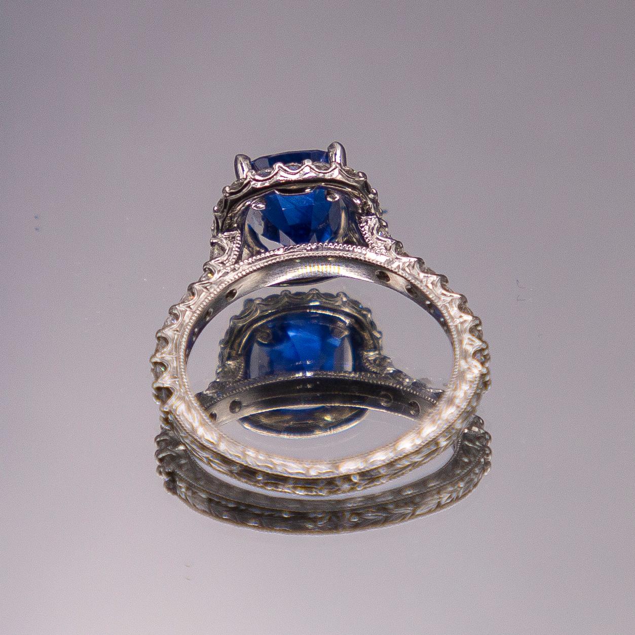 Burma No Heat 3.32 Carat Intense Blue Sapphire AGL Cert Platinum Engagement Ring In New Condition For Sale In Birmingham, MI
