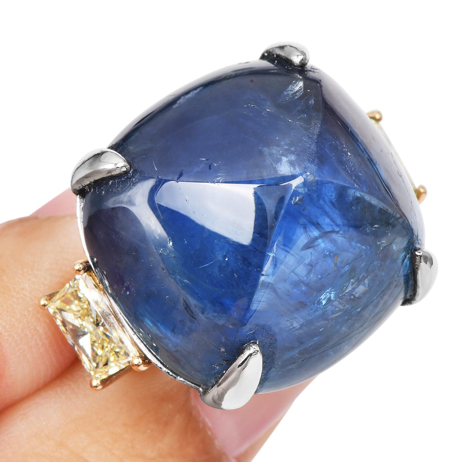 Burma Sin Calor 62,60 Quilates Zafiro Diamante Oro 18K Platino Anillo de Cóctel en venta 4