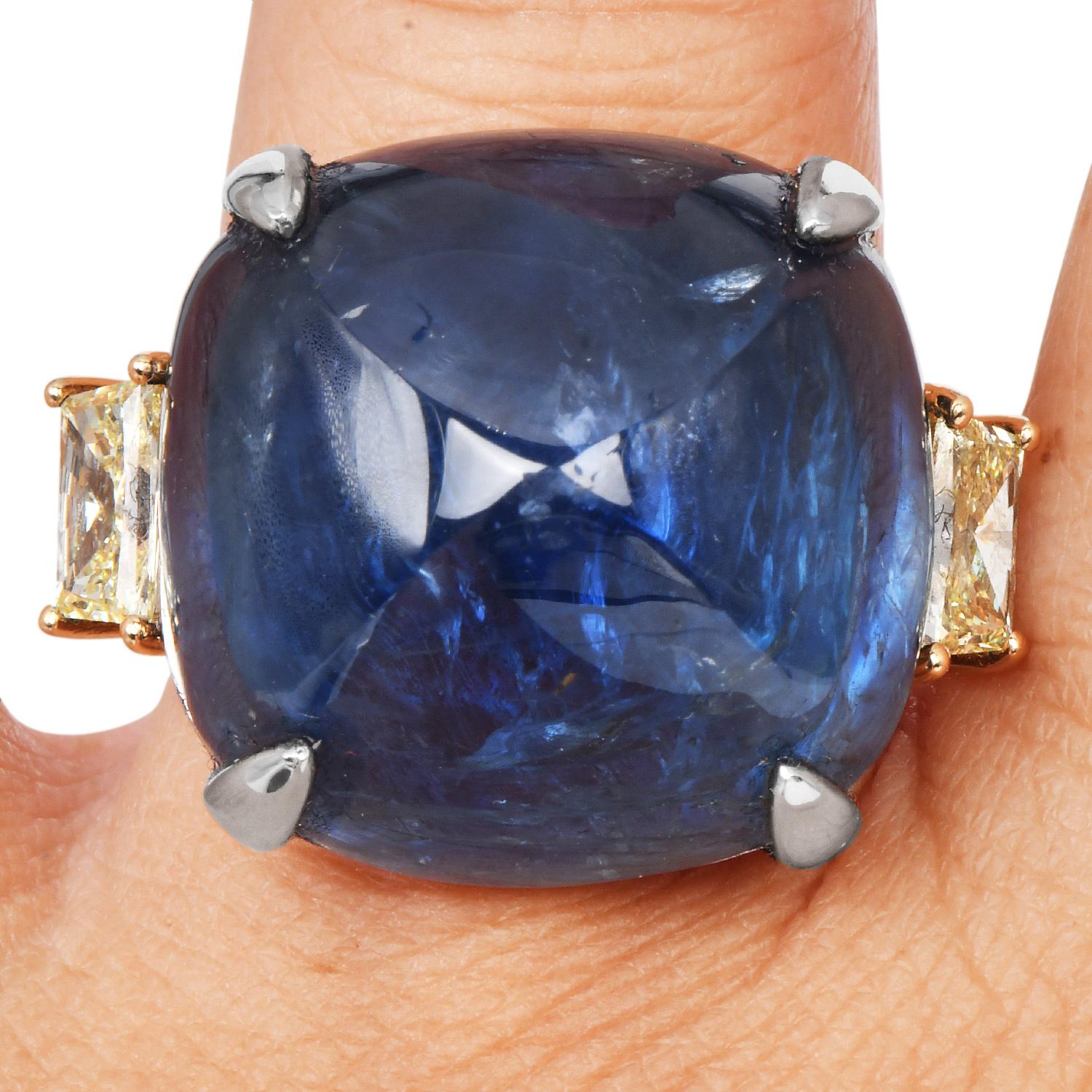 Burma Sin Calor 62,60 Quilates Zafiro Diamante Oro 18K Platino Anillo de Cóctel Retro en venta