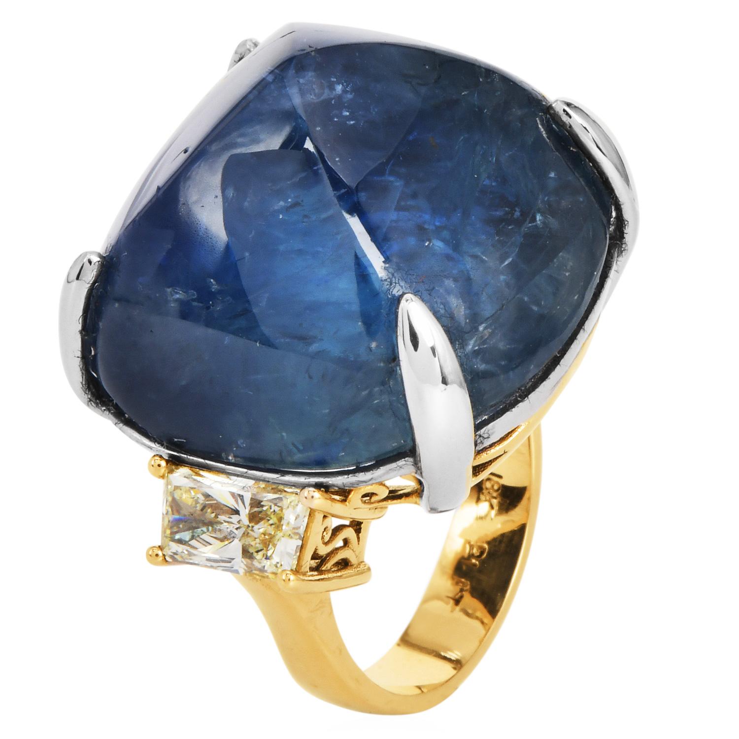 Femenino o masculino Burma Sin Calor 62,60 Quilates Zafiro Diamante Oro 18K Platino Anillo de Cóctel en venta