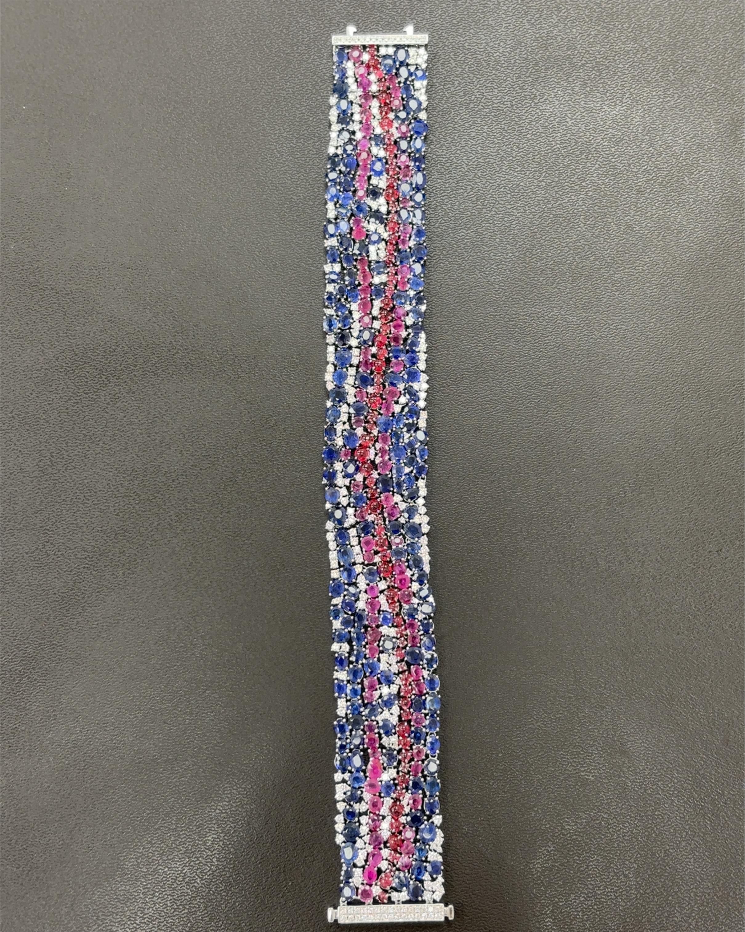 Burma No Heat Blue and Pink Sapphires Spinel Cabochon Diamond Platinum Bracelet For Sale 5