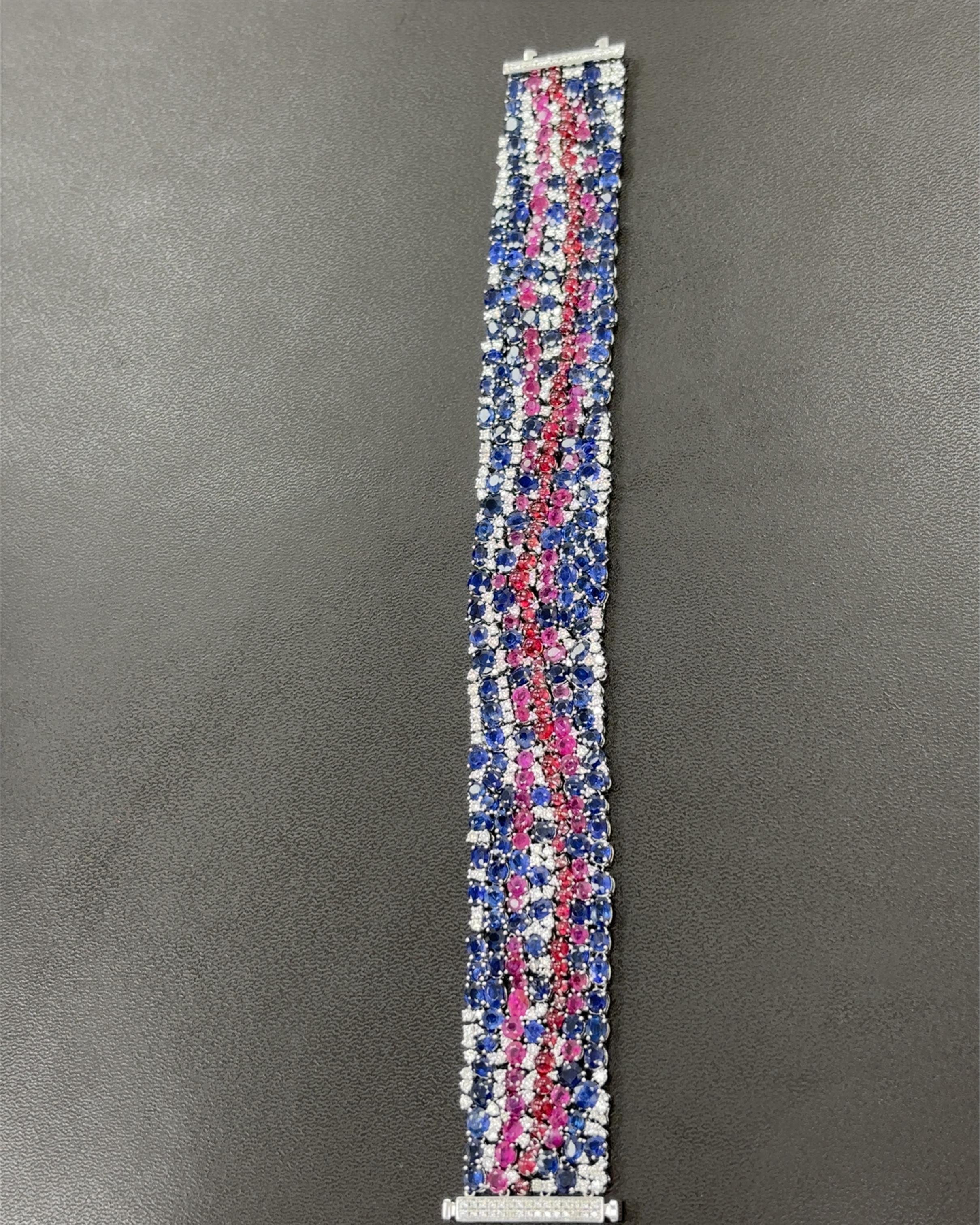 Burma No Heat Blue and Pink Sapphires Spinel Cabochon Diamond Platinum Bracelet For Sale 6