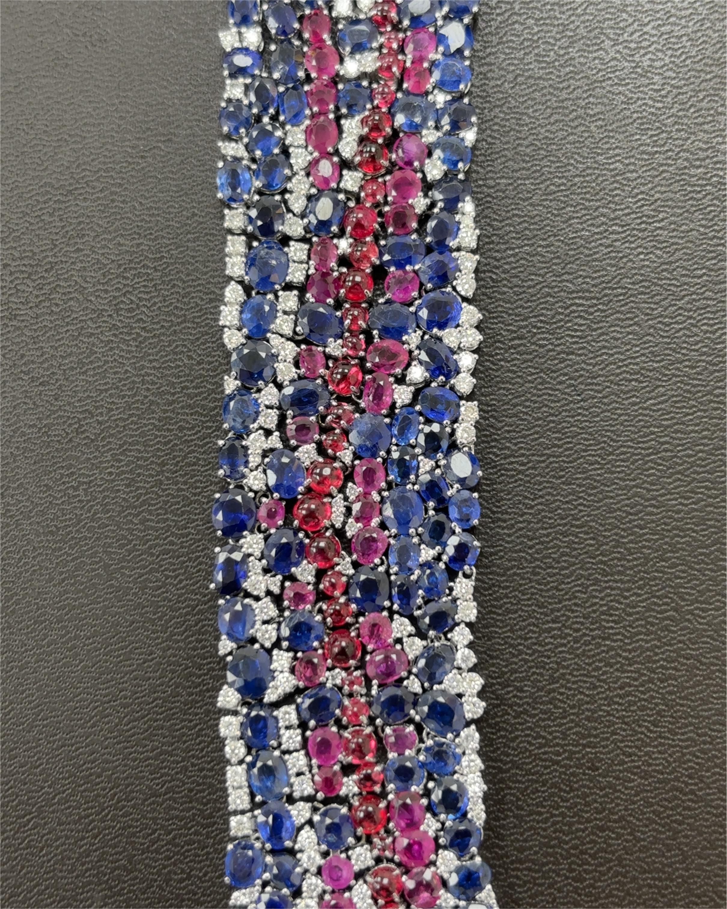 Burma No Heat Blue and Pink Sapphires Spinel Cabochon Diamond Platinum Bracelet For Sale 7