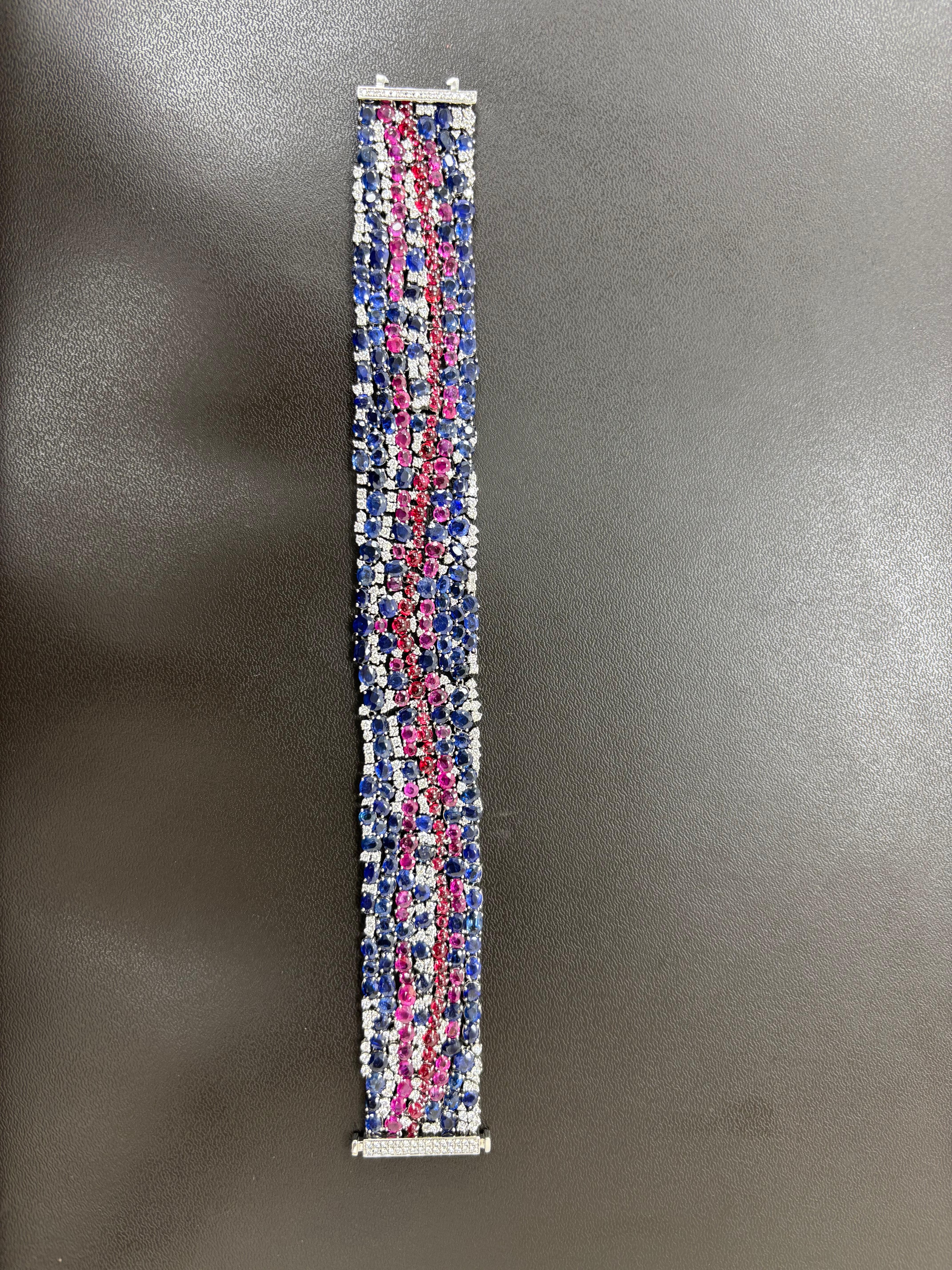 Antique Cushion Cut Burma No Heat Blue and Pink Sapphires Spinel Cabochon Diamond Platinum Bracelet For Sale