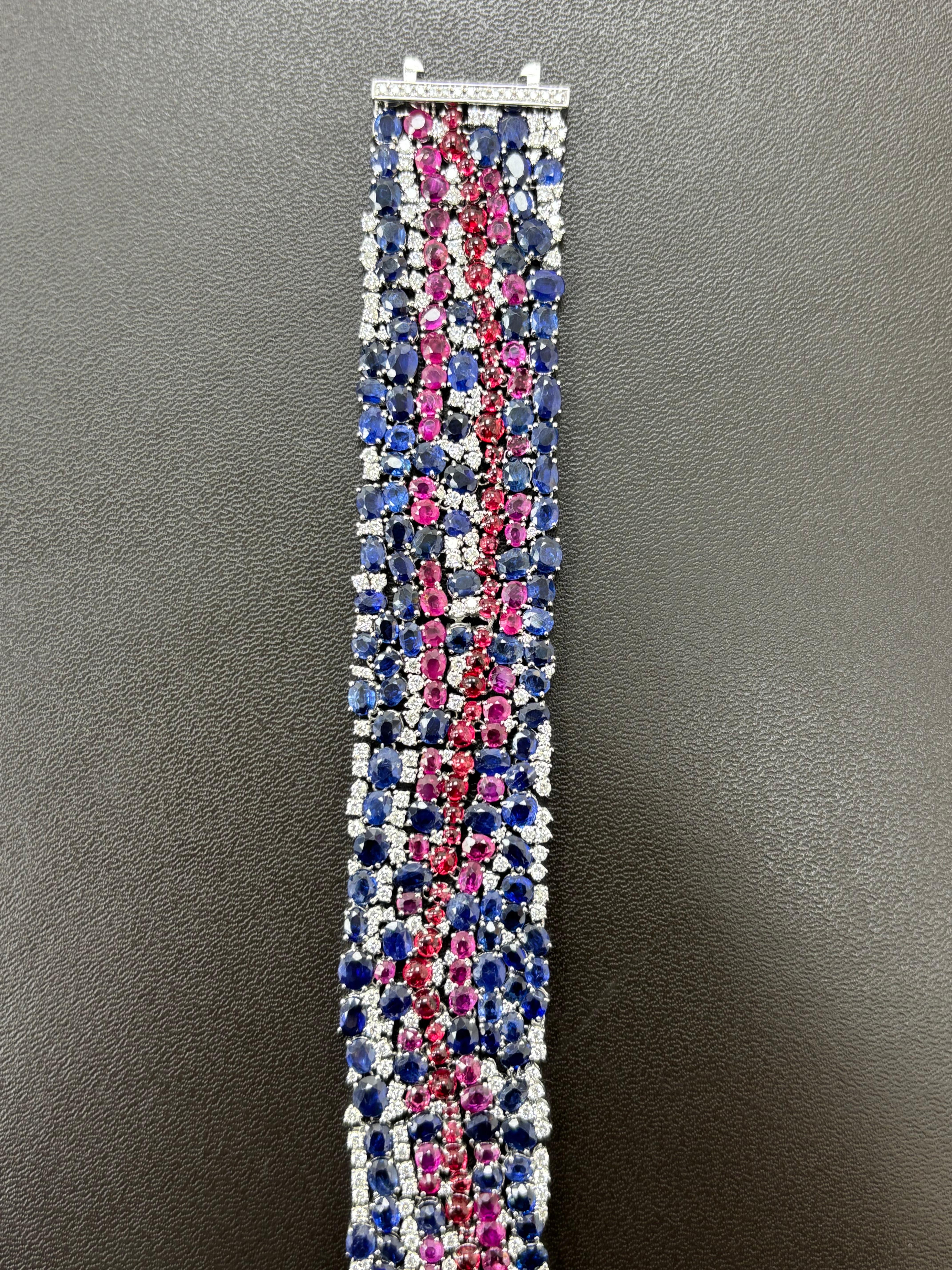 Burma No Heat Blue and Pink Sapphires Spinel Cabochon Diamond Platinum Bracelet In New Condition For Sale In Kowloon, HK