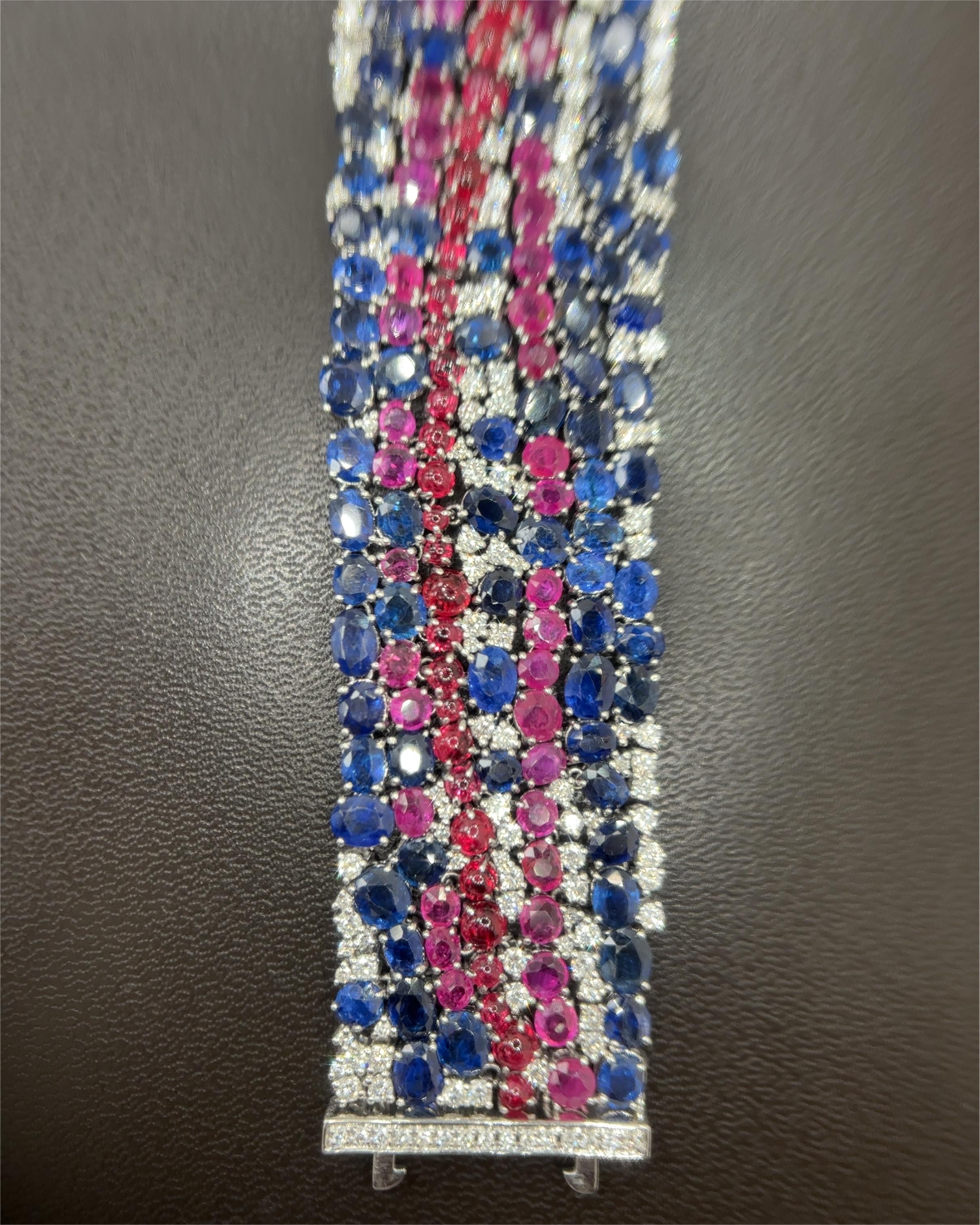 Women's or Men's Burma No Heat Blue and Pink Sapphires Spinel Cabochon Diamond Platinum Bracelet For Sale
