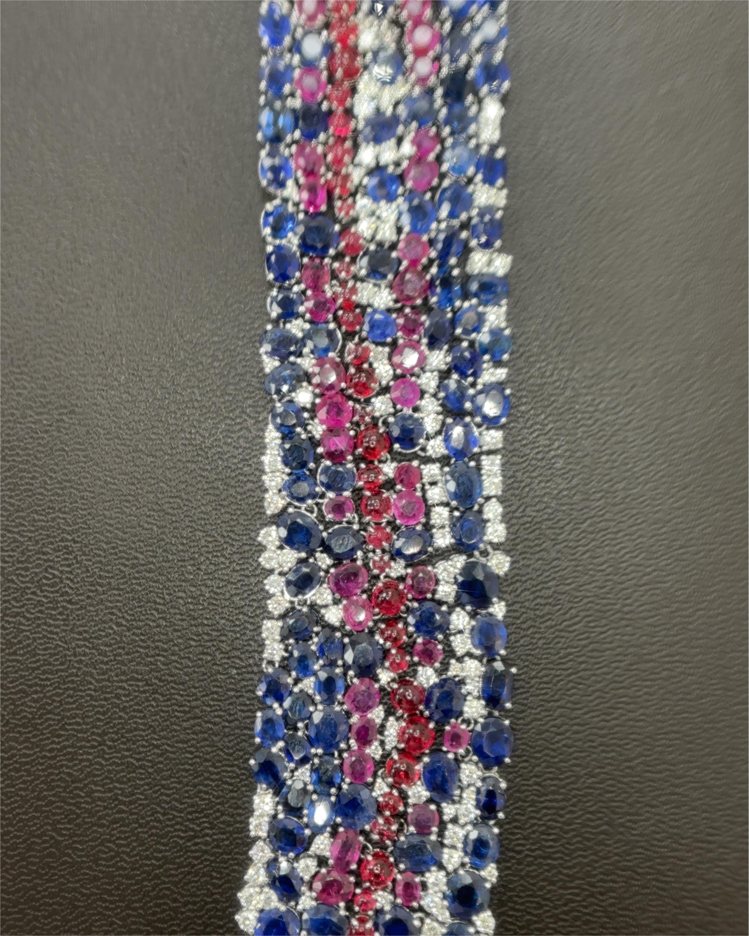 Burma No Heat Blue and Pink Sapphires Spinel Cabochon Diamond Platinum Bracelet For Sale 1