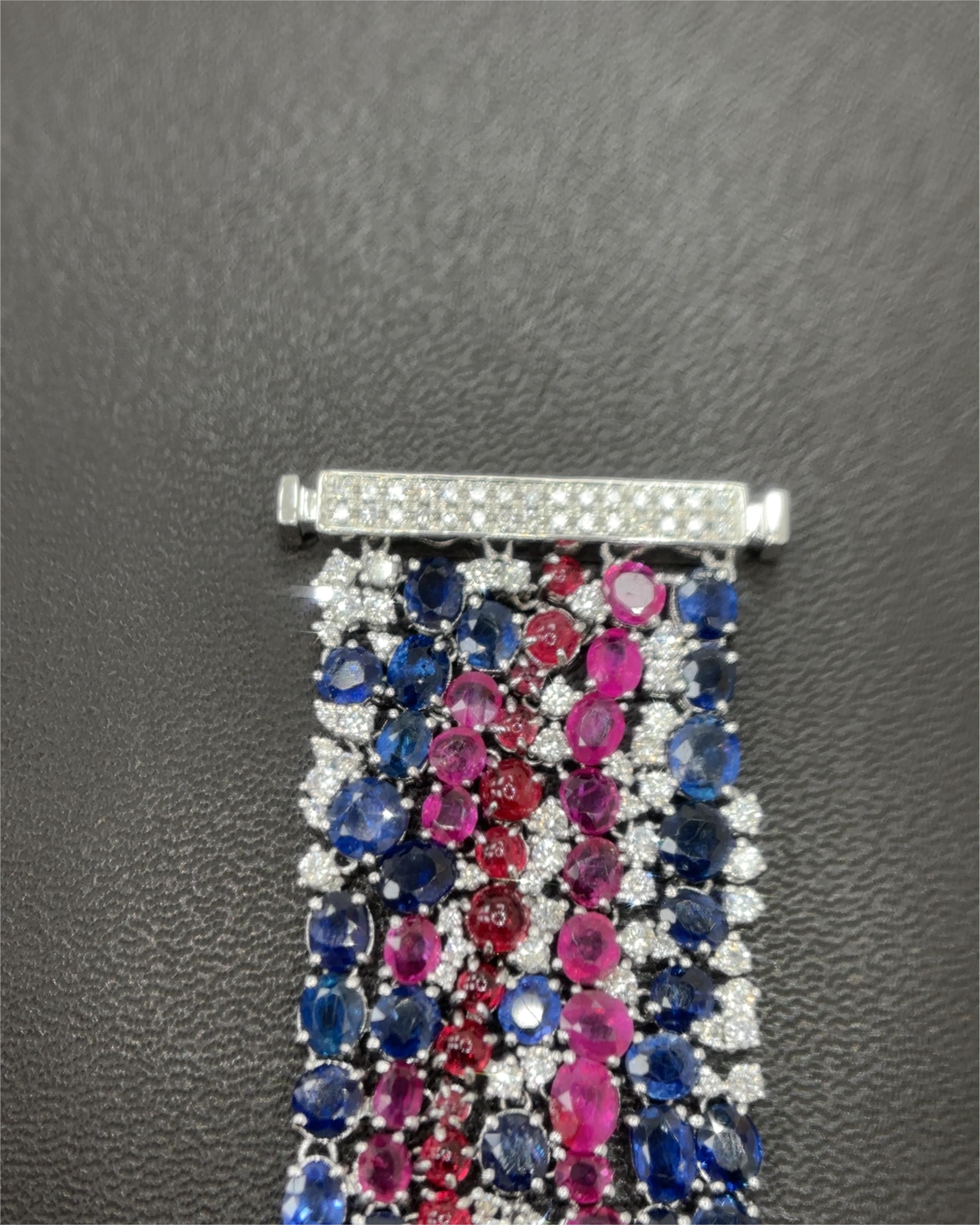 Burma No Heat Blue and Pink Sapphires Spinel Cabochon Diamond Platinum Bracelet For Sale 2