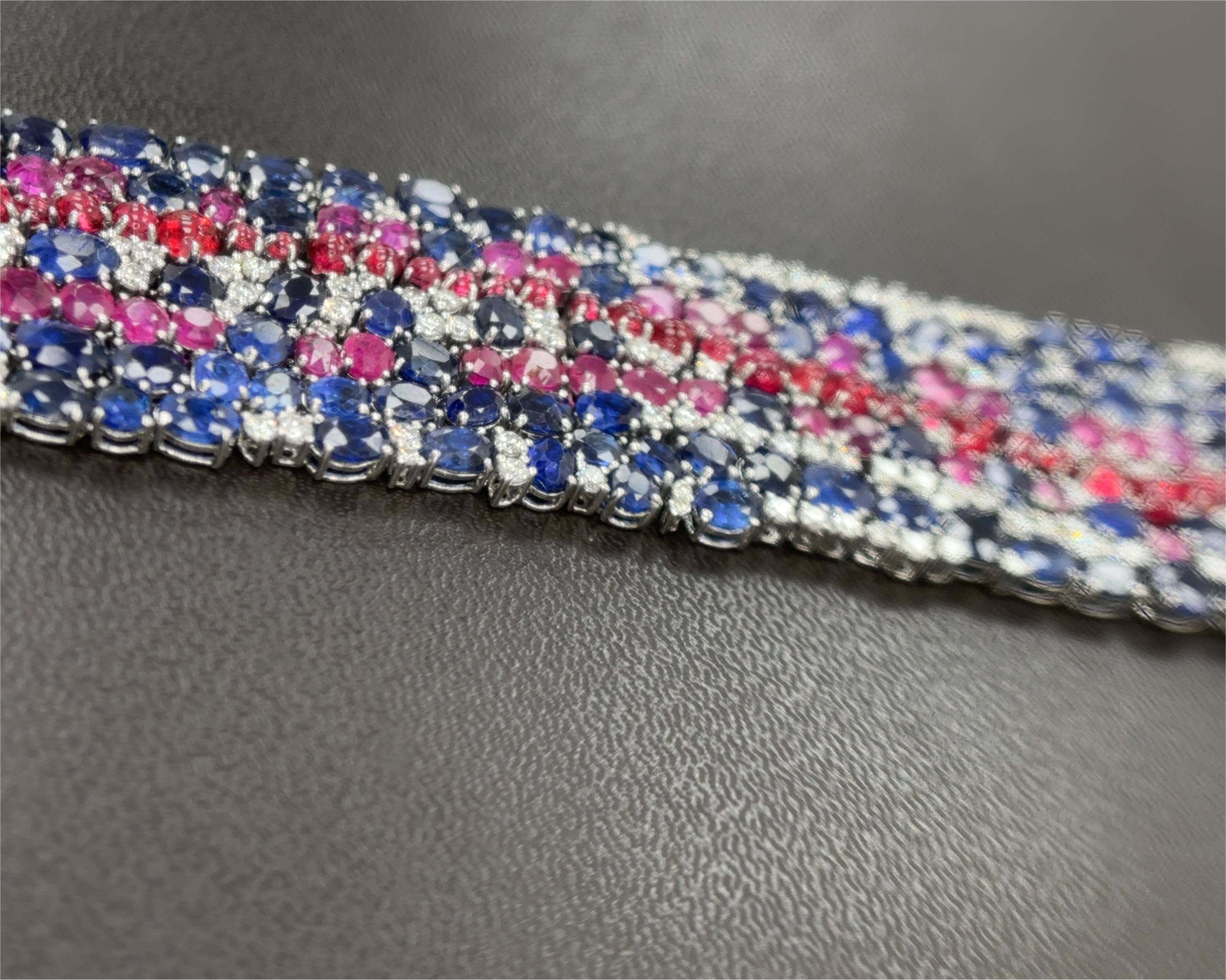 Burma No Heat Blue and Pink Sapphires Spinel Cabochon Diamond Platinum Bracelet For Sale 3