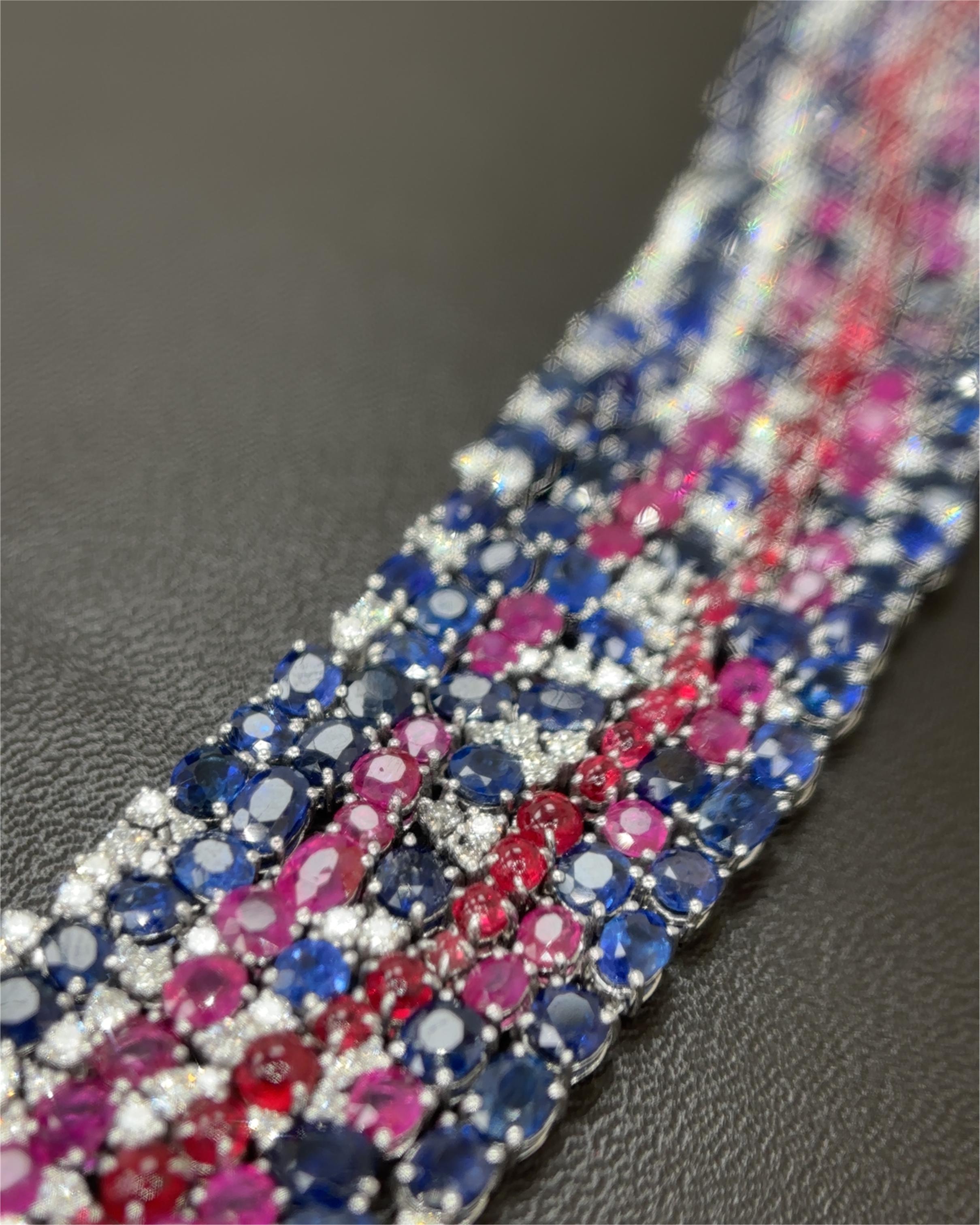 Burma No Heat Blue and Pink Sapphires Spinel Cabochon Diamond Platinum Bracelet For Sale 4