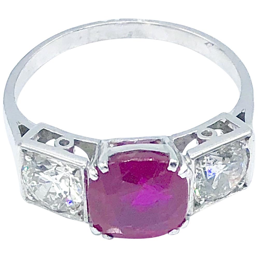 Burma No Heat Ruby and Diamond Platinum Ring For Sale