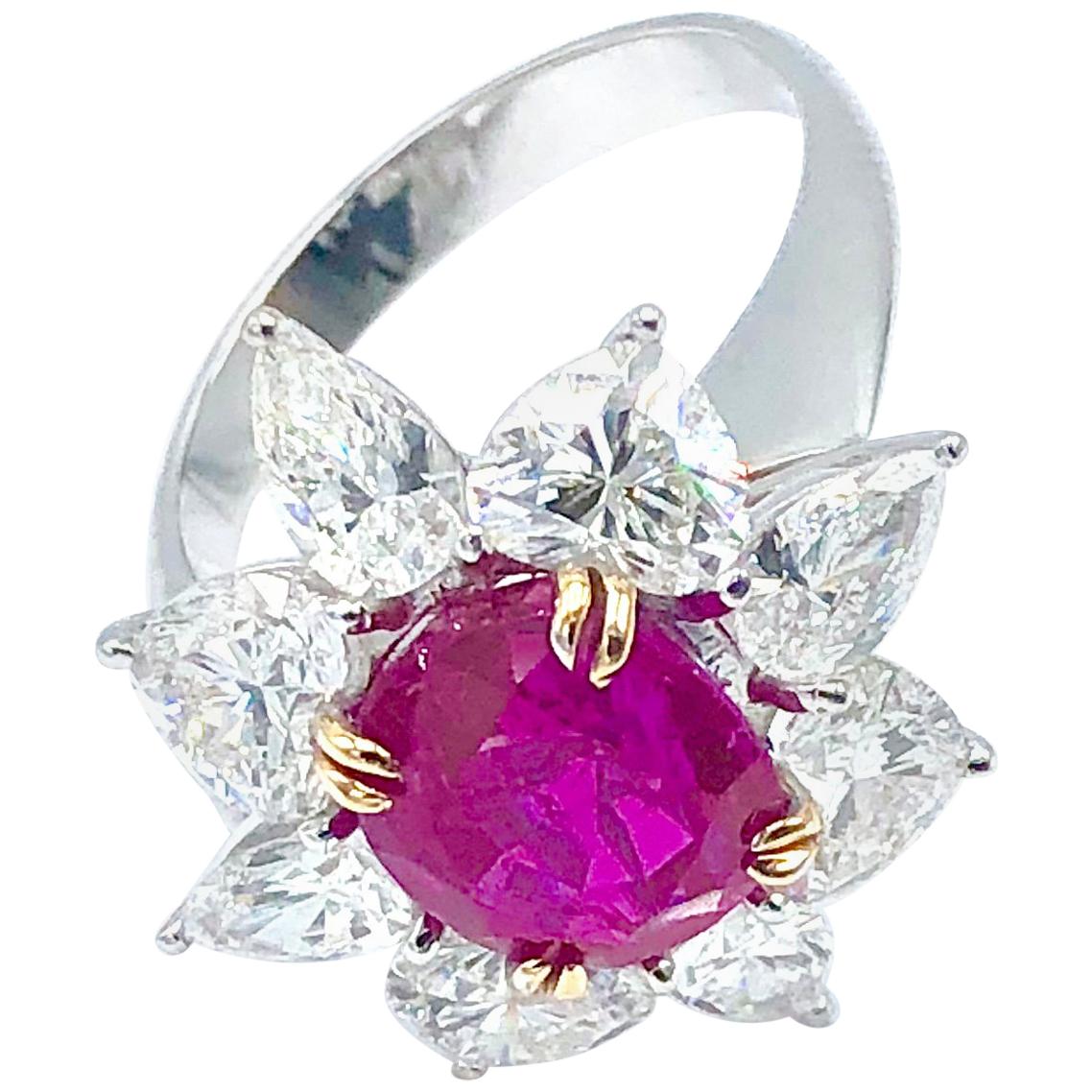 Burma No Heat Ruby and Diamond Ring For Sale