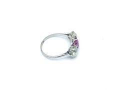 18 Karat White Gold Burma No Heat Ruby and Old Cut Diamond Three-Stone Ring