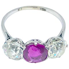 18 Karat White Gold Burma No Heat Ruby and Old Cut Diamond Three-Stone Ring 18 Karat White Gold Burma No Heat Ruby and Old Cut Diamond Three-Stone Ring