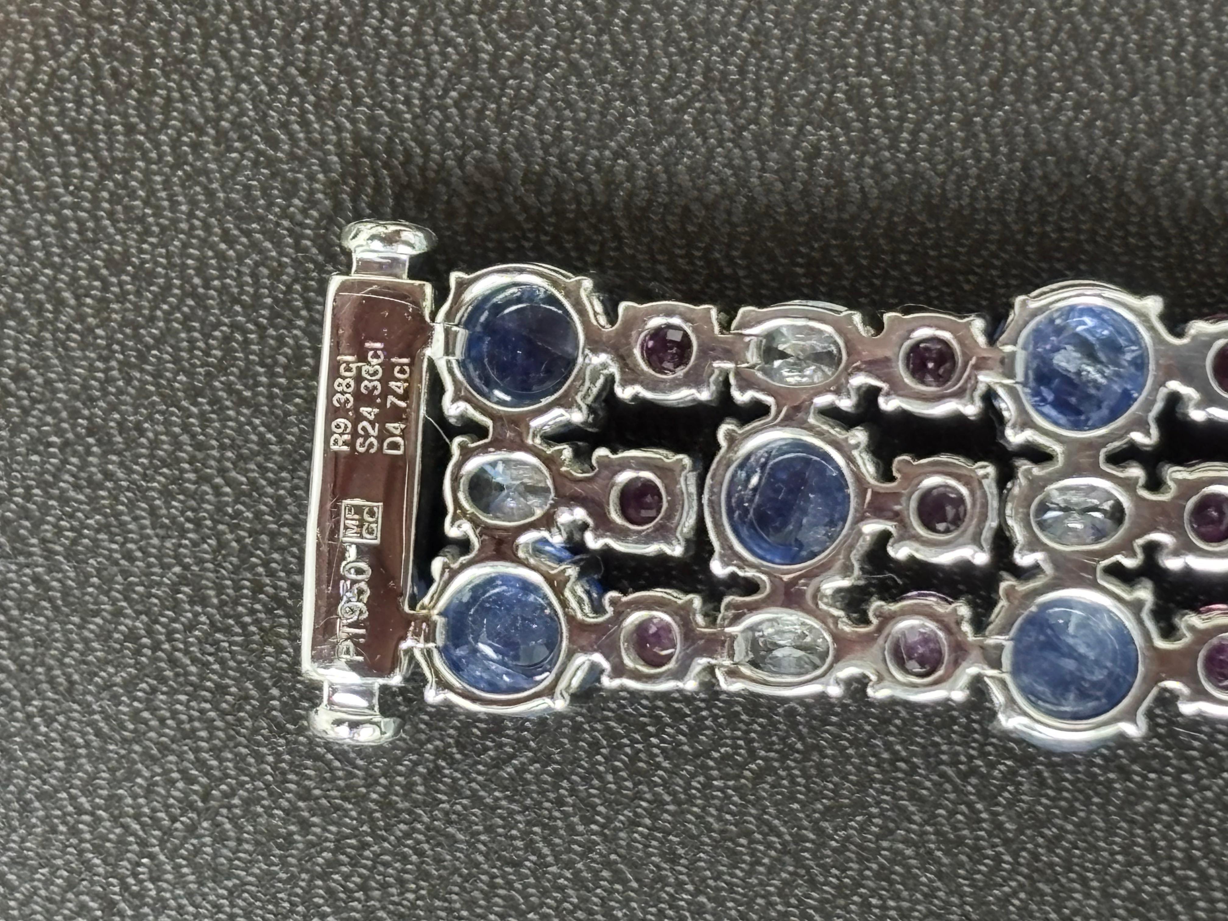 Burma No Heat Sapphire Cabochon Pink Sapphire White Diamond Platinum Bracelet For Sale 6