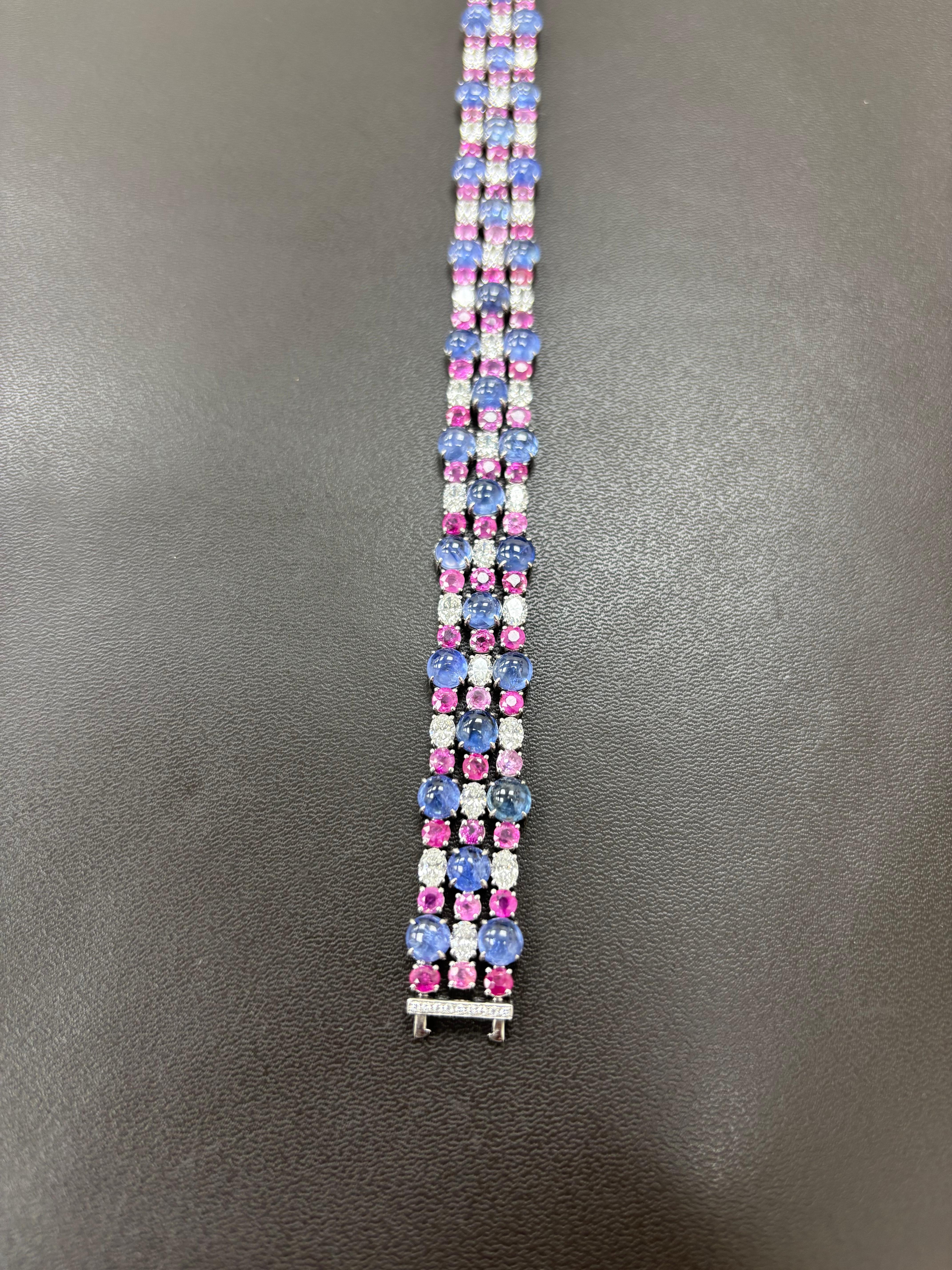 Burma No Heat Sapphire Cabochon Pink Sapphire White Diamond Platinum Bracelet In New Condition For Sale In Kowloon, HK