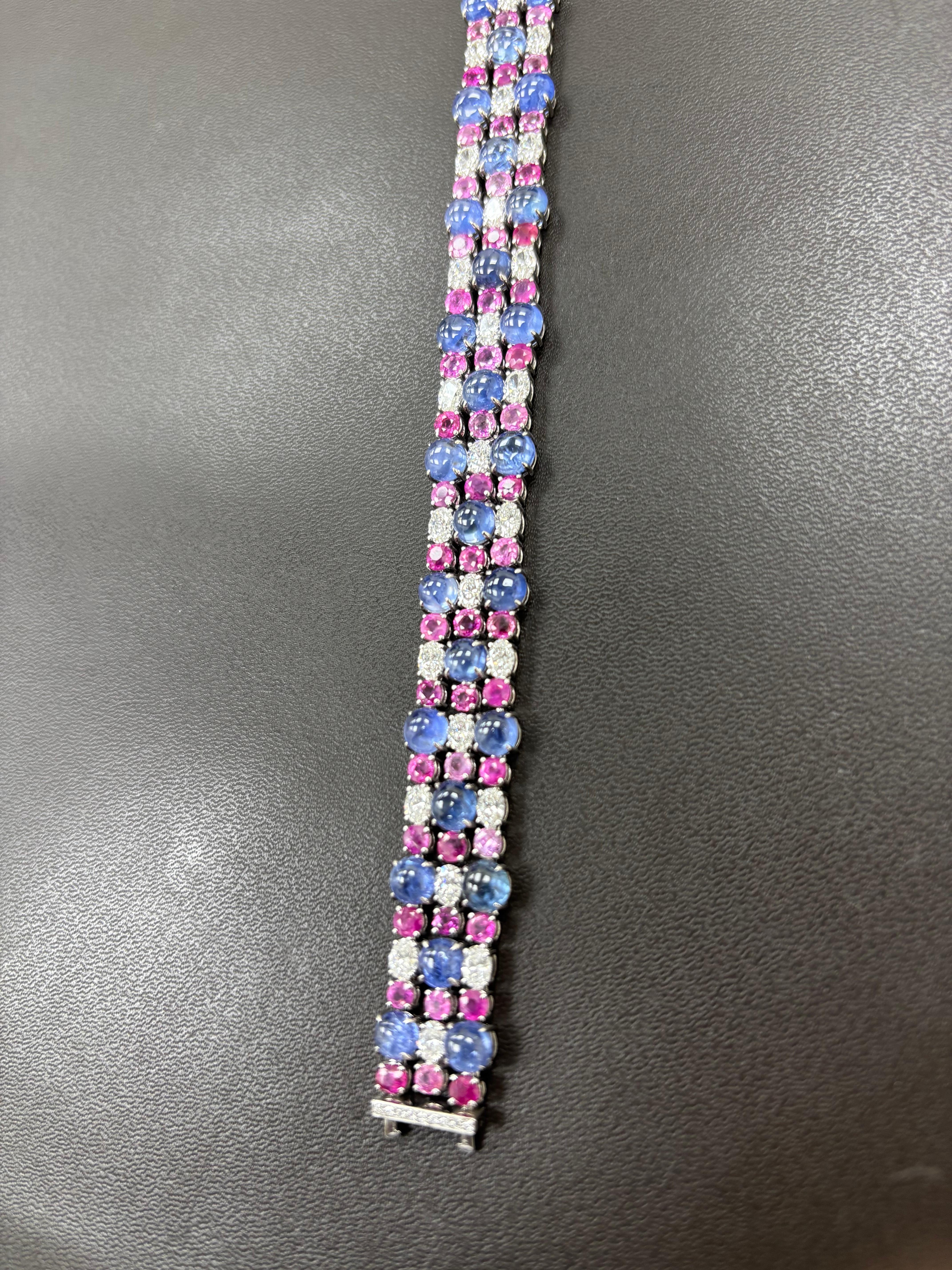 Women's or Men's Burma No Heat Sapphire Cabochon Pink Sapphire White Diamond Platinum Bracelet For Sale