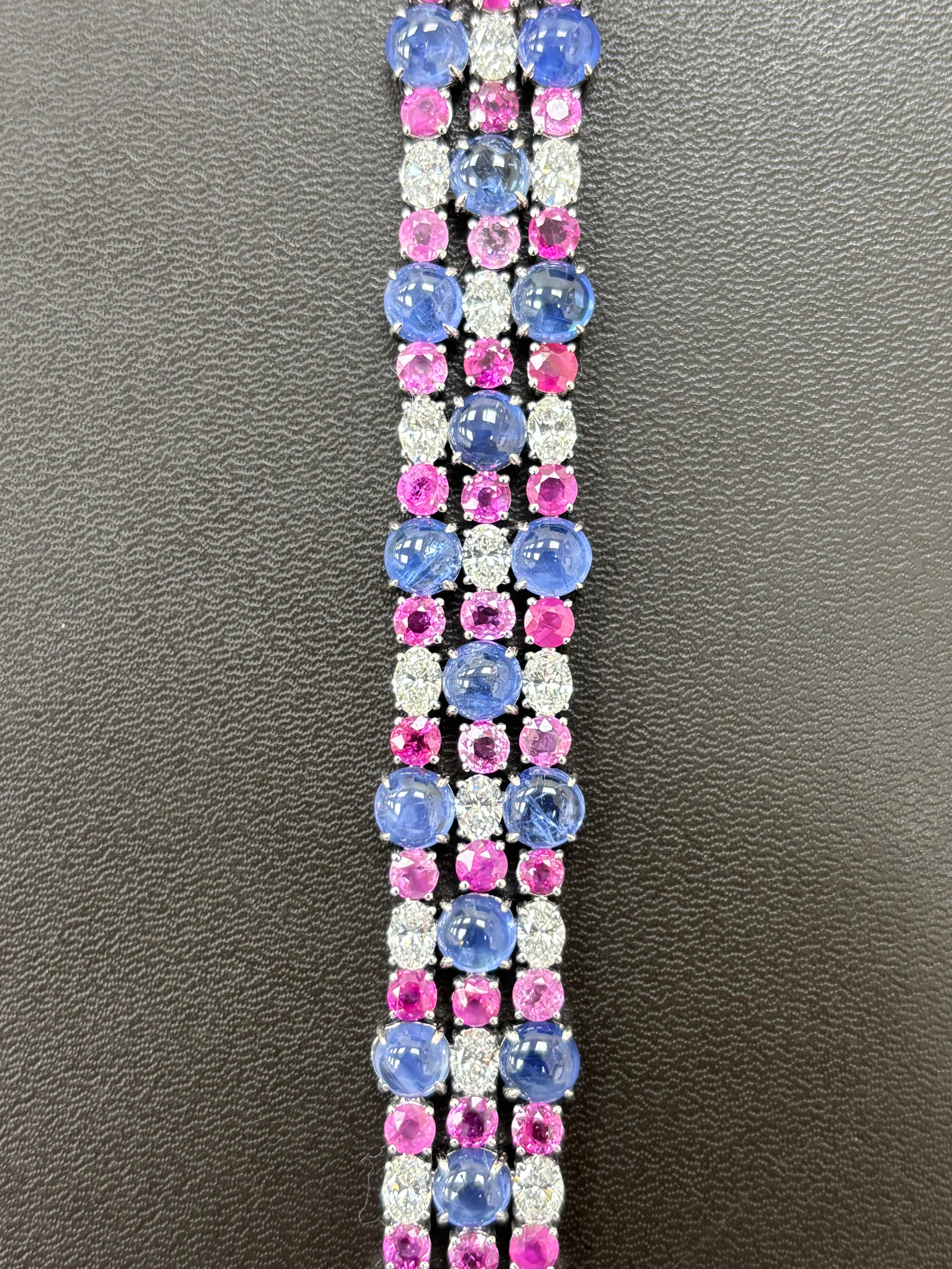 Burma No Heat Sapphire Cabochon Pink Sapphire White Diamond Platinum Bracelet For Sale 1