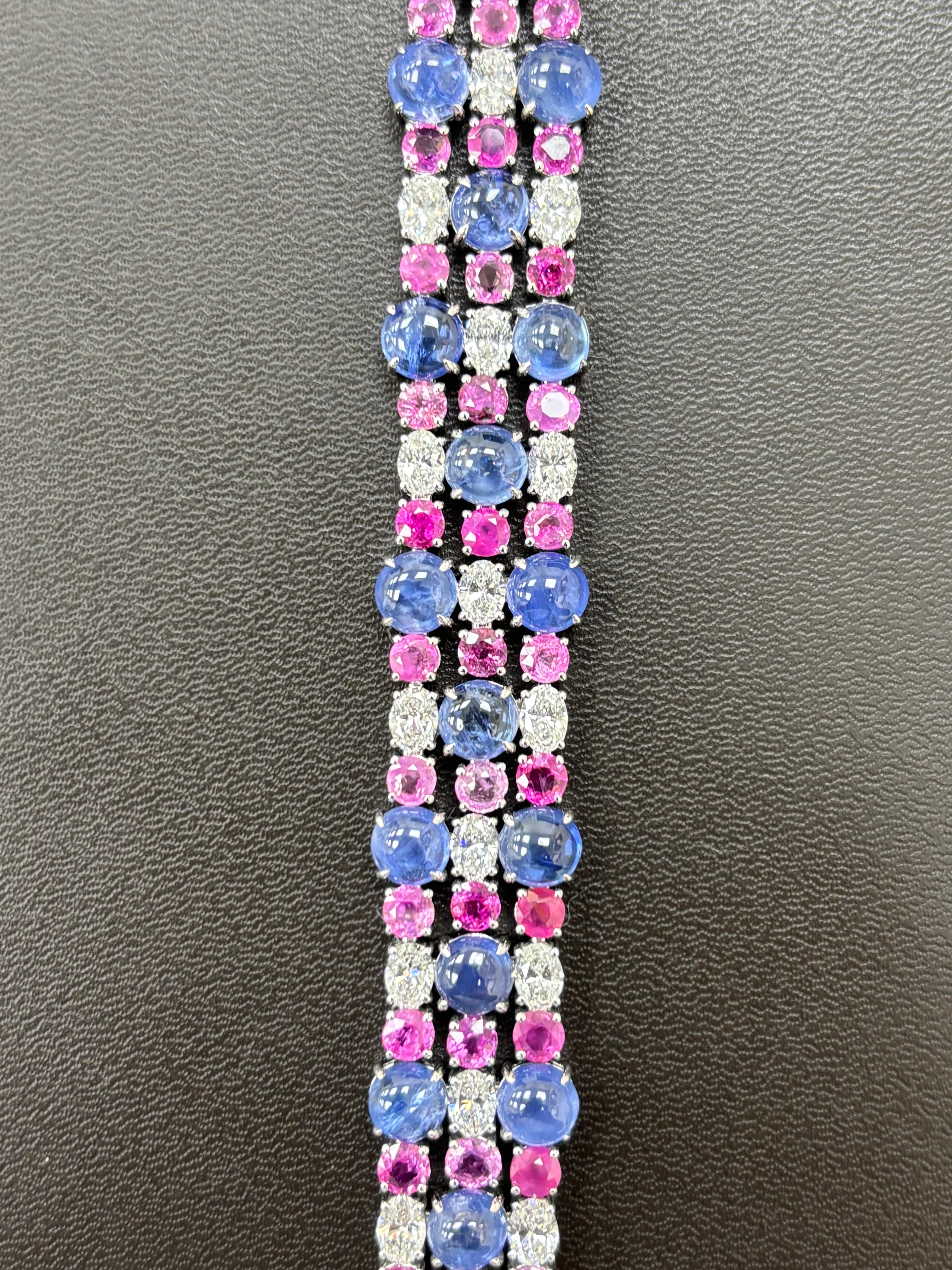 Burma No Heat Sapphire Cabochon Pink Sapphire White Diamond Platinum Bracelet For Sale 2