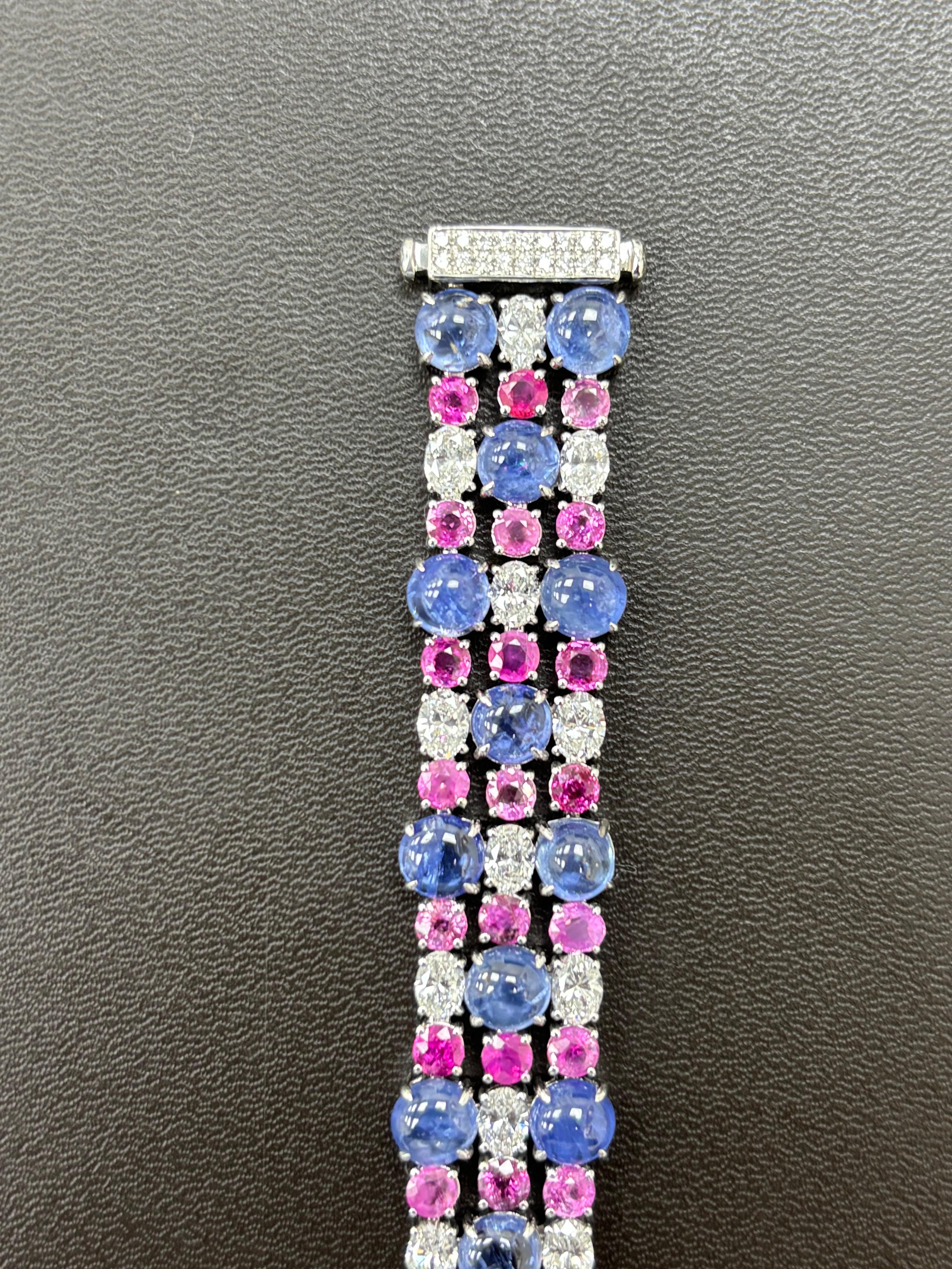 Burma No Heat Sapphire Cabochon Pink Sapphire White Diamond Platinum Bracelet For Sale 3