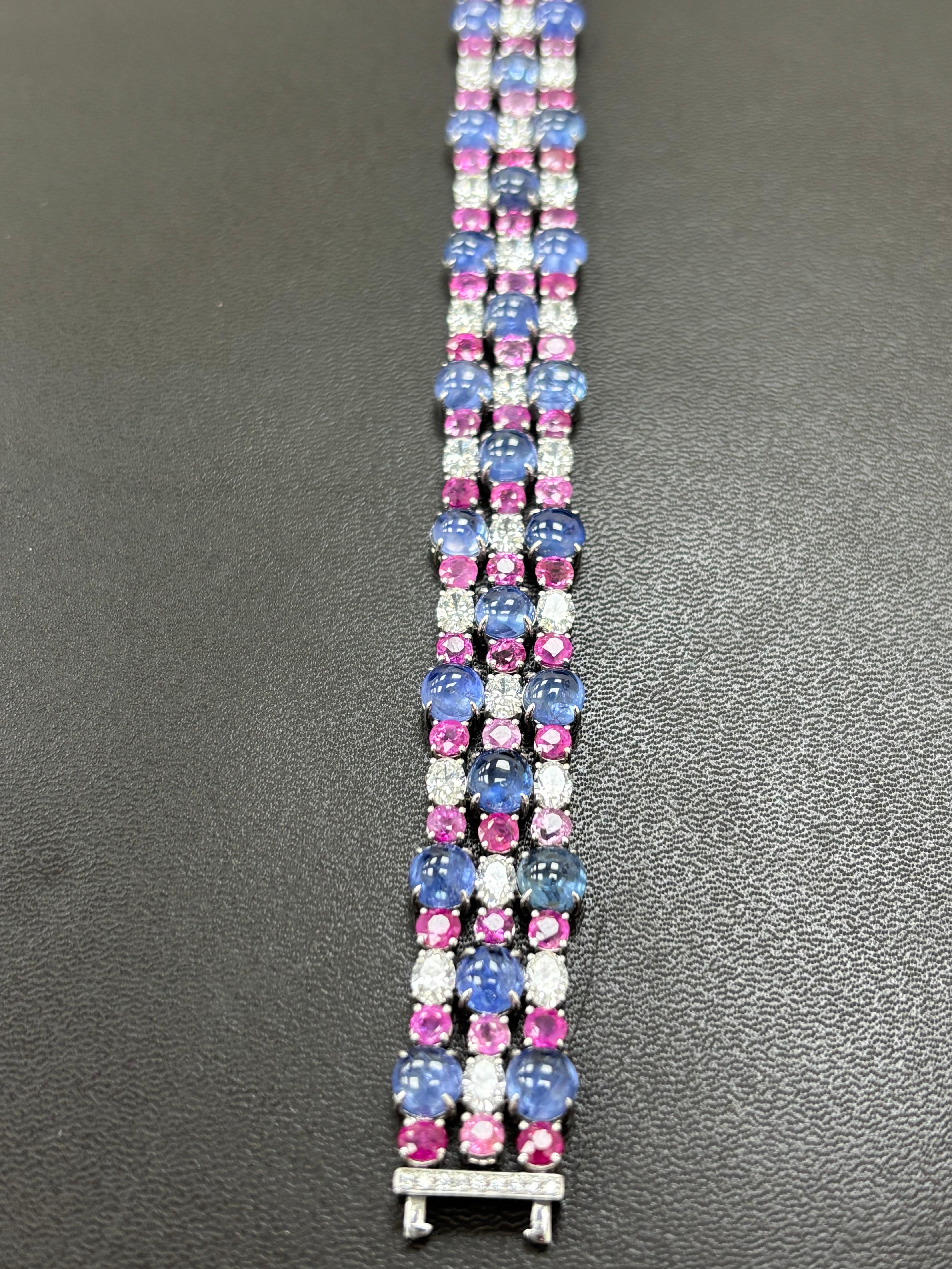 Burma No Heat Sapphire Cabochon Pink Sapphire White Diamond Platinum Bracelet For Sale 4