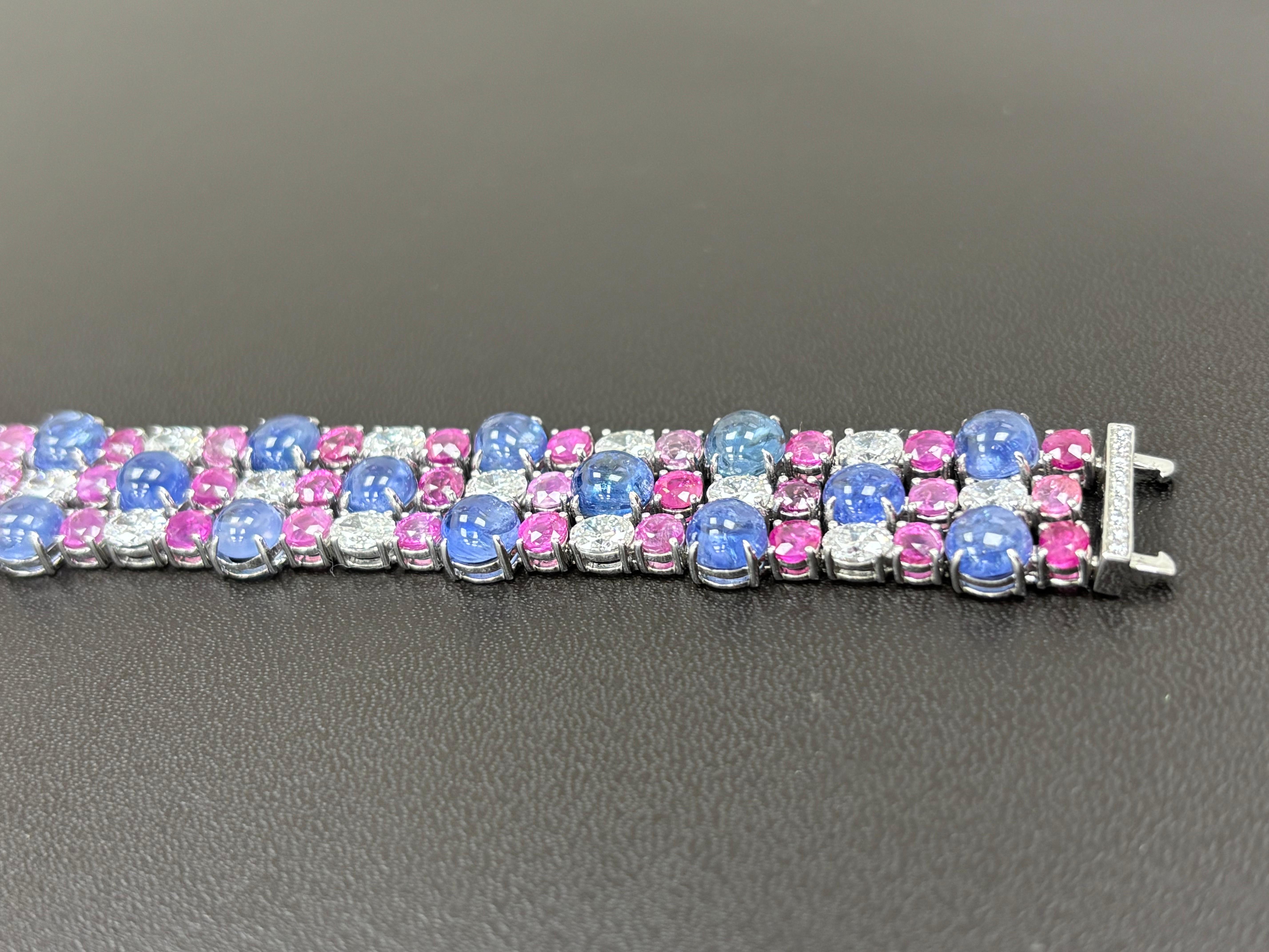 Burma No Heat Sapphire Cabochon Pink Sapphire White Diamond Platinum Bracelet For Sale 5