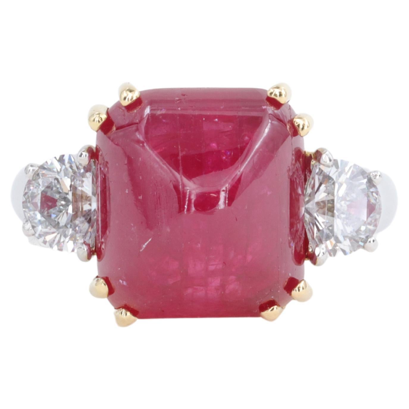 11.24 Carat Burma No Heat Ruby Sugar Loaf & Half Moon Cut Diamond 3 Stone Ring For Sale